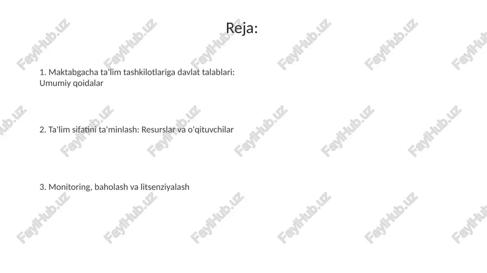 baholash moliyaviy boshqaruvda davlat talablari, xarajatlarni qoplash me'yorlari, maqsadli grantlar va ularning hisobotini yuritish tartibini belgilaydi, bu esa mablag'larning samarali ishlatilishini ta'minlaydi. monitoring va baholash tizimi bolalar rivojlanishining 5 ta asosiy sohasini (ijtimoiy, kognitiv, jismoniy, nutq, hissiy) muntazam ravishda kuzatib boradi va natijalarni o'qituvchilarning professional rivojlanishiga yo'naltiradi. ota-onalar ishtiroki va inklyuziv ta'lim ota-onalarning ishtiroki farzandning erta rivojlanishida muhim rol o‘ynaydi; davlat talablari ularning faol ishtirokini ta'minlash uchun aniq mexanizmlarni belgilaydi, masalan, ota-onalar yig'ilishlari va treninglar. inklyuziv ta'lim barcha bolalarning, shu jumladan nogironligi bo'lgan bolalarning imkoniyatlarini oshirishga qaratilgan; davlat talablari erta yoshdagi inklyuziv ta'lim uchun 10 dan ortiq standartlarni belgilaydi. e'tiboringiz uchun rahmat @taqdimot_robot image5.jpg image6.jpg image7.jpg image8.jpg image9.jpg image10.jpg image1.jpeg image2.jpeg