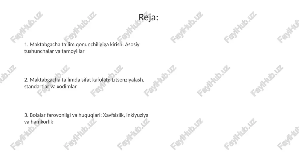 qo'llab-quvvatlashning asosiy mexanizmi bo'lib, xarajatlarning kamida 50 foizini qoplaydi, ayniqsa kam ta'minlangan oilalar uchun imtiyozlar beriladi. mahalliy hokimliklar maktabgacha ta'lim muassasalarini moliyalashtirishda muhim rol o'ynaydi, byudjetdan 30 foizgacha mablag' ajratadi va infratuzilmani yaxshilash loyihalarini qo'llab-quvvatlaydi. ota-onalar va maxsus ehtiyojlar: hamkorlik va inklyuziya ota-onalar bolaning rivojlanishiga oid ma’lumotlarni olish huquqiga ega, masalan, individual ta’lim rejalarining (itp) mazmuni, 504-reja va boshqa moslashuvlar, bu inklyuziv ta’limning asosi hisoblanadi. maxsus ehtiyojli bolalar uchun ota-onalar faol ishtiroki zarur, ular baholashlarda qatnashishlari, itp yig’ilishlarida ovoz berish huquqiga ega bo’lishlari va maktab bilan doimiy aloqada bo’lishlari kerak. e'tiboringiz uchun rahmat @taqdimot_robot image5.jpg image6.jpg image7.jpg image8.jpg image9.jpg image10.jpg image1.jpeg image2.jpeg