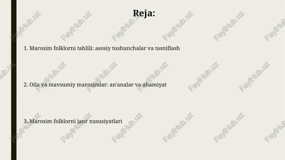 hiriladi, unda 7 bosqichli tuzilma, shu jumladan boshlanishi, rivojlanishi va yakuniy qismi o'rganiladi. mavsumiy marosimlarda, masalan navro'z bayramida, 12 ta asosiy unsurlar, jumladan qo'shiqlar, raqslar va taomlar tahlil qilinadi, ularning semantik ma'nosi ochib beriladi. ritual folklorning zamonaviy talqini ritual folklorning zamonaviy talqini, 21-asr texnologiyalari orqali, virtual reallik va interaktiv o'yinlarda yangi shakllarda namoyon bo'ladi, bu esa uning ommaviyligini oshiradi. oilaviy marosimlarning zamonaviy talqini 10 yil ichida globalizatsiya ta'siri ostida o'zgarib, an'anaviy elementlarni yangi urf-odatlarning 30% bilan uyg'unlashtiradi. e'tiboringiz uchun rahmat @taqdimot_robot image2.jpg image3.jpg image4.jpg image5.jpg image6.jpg image7.jpg