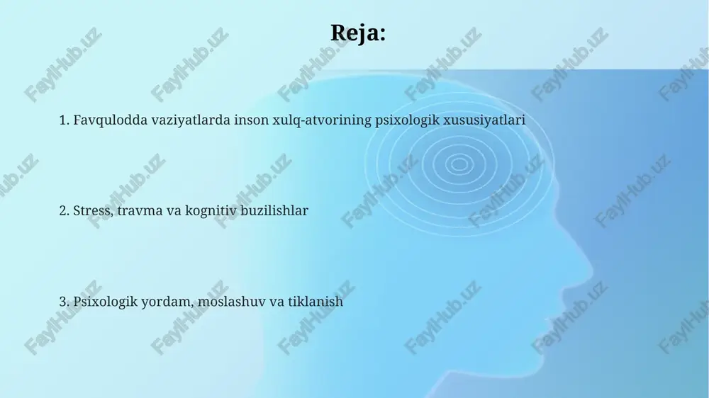 aziyatlarda samarali moslashishiga yordam beradi, bu esa travmatik stressni kamaytiradi. ijtimoiy ta'sirlar va psixologik himoya favqulodda vaziyatlarda ijtimoiy qo'llab-quvvatlash 70% stressni kamaytiradi, bu yerda altruistik xatti-harakatlar (masalan, yordam berish) ego-himoya mexanizmi sifatida ishlaydi. ijtimoiy ta'sirlar, ayniqsa 85% konformizm holatlarida, psixologik himoya (inkor) orqali o'zini namoyon qiladi, bu guruh fikri stressni yengillashtirishga yordam beradi. ijtimoiy stigma 60% hollarda qurbonlarni izolyatsiya qiladi, bu esa regressiya (bolalikdagi xatti-harakatlar) kabi himoya mexanizmlarini kuchaytiradi va moslashuvchanlikni pasaytiradi. moslashuv strategiyalari va tiklanish ijtimoiy qo'llab-quvvatlashga tayanish, masalan, 3 ta ishonchli do'stdan yordam so'rash, travmatik tajribadan so'ng tiklanish tezligini sezilarli darajada oshiradi. faol muammolarni hal qilish strategiyalari, masalan, 5 qadamli reja tuzish, vaziyatni nazorat qilish hissini tiklaydi va moslashuvchanlikni oshiradi. minnatdorchilikni mashq qilish, har kuni 2-3 ta ijobiy narsani yozish, optimizmni rivojlantiradi va psixologik farovonlikni oshirish orqali chidamlilikni mustahkamlaydi. psixologik yordam va interventsiya resurslarni taqsimlashni o'z ichiga olgan psixologik yordam, ijtimoiy qo'llab-quvvatlash guruhlari va 24/7 ishonch telefonlari favqulodda …