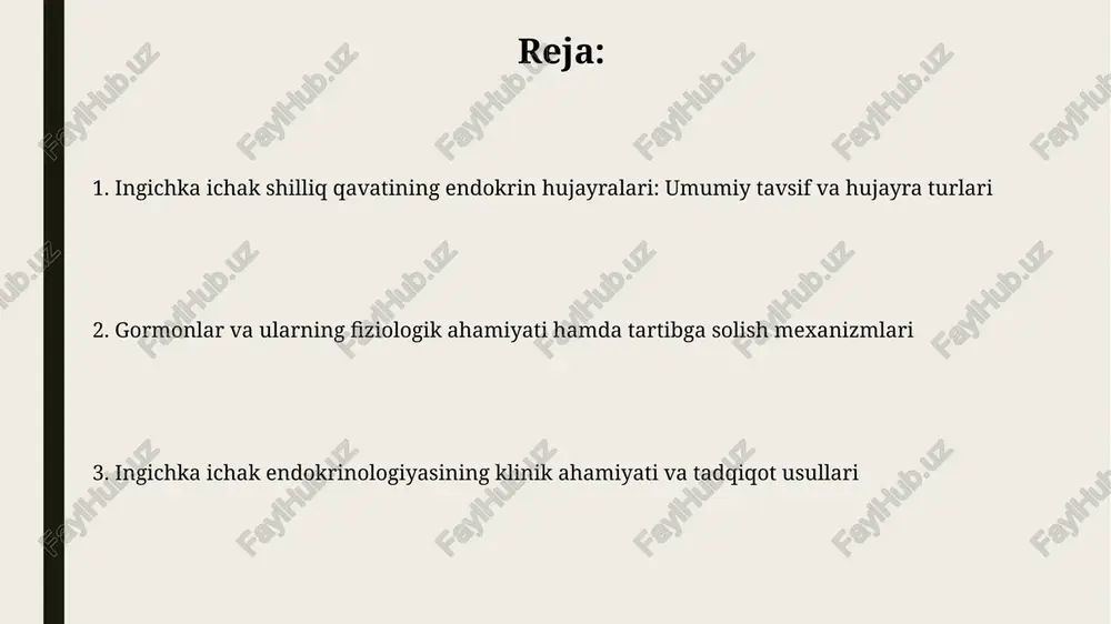 yasini 1-2 soat ichida oshiradi va me'da motorikasini rag'batlantiradi, bu esa oqsil hazmini optimallashtirishda muhim ahamiyatga ega. s hujayralari sekretin ishlab chiqaradi, me'da kislotasini inhibe qiladi, pankreatik bikarbonat sekretsiyasini 3-4 marta oshiradi va safro oqimini ko'paytiradi, bu esa ingichka ichak muhitini normallashtiradi. tartibga solish mexanizmlari gormonal tartibga solish peptid gormonlar orqali amalga oshiriladi, masalan, xolesistokinin (cck) va sekretin, ular oshqozon, o't pufagi va pankreatik sekretsiyalarni rag'batlantiradi, muvozanatni ta'minlab turadi. nerv tartibga solish vagus nervi orqali amalga oshiriladi, bu esa to'g'ridan-to'g'ri ichak bezlariga ta'sir qiladi yoki enterik nerv tizimini faollashtiradi, sekretsiya va motorika kabi jarayonlarni tezlashtiradi. fiziologik ahamiyati ingichka ichakning endokrin hujayralari ovqat hazm qilish jarayonida muhim rol o'ynaydi, me'da kislotasini neytrallash uchun bikarbonat sekretsiyasini rag'batlantiradi va optimal phni saqlab turadi. bu hujayralar ishtahani tartibga solishda ishtirok etadi, to'qlik signallarini ishlab chiqaradi va ochlik gormoni grelin sekretsiyasini inhibe qiladi, ovqat iste'molini nazorat qiladi. klinik ahamiyati meʼda-ichak trakti (mit) endokrin oʻsmalari, xususan …