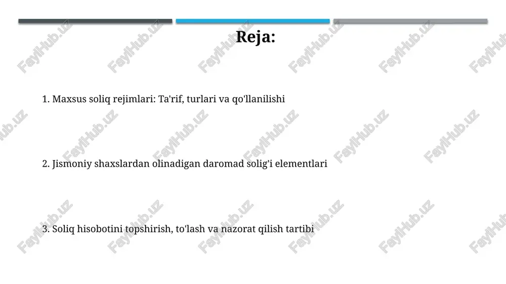 qo'llanilishi mumkin. imtiyozlar va chegirmalar soliq bazasini kamaytirishga qaratilgan. nogironligi bo'lgan shaxslar, kam ta'minlangan oilalar yoki ta'lim uchun to'lovlar kabi holatlarda chegirmalar qo'llanilishi mumkin. maxsus soliq rejimlari: hisobot topshirish tartibi va to'lash muddatlari maxsus soliq rejimlarida hisobot topshirish tartibi soliq turiga bog'liq. misol uchun, qat'iy belgilangan soliq to'lovchilar har oyda 25-sanagacha hisobot topshirishlari mumkin. yagona soliq to'lovi bo'yicha hisobotlar har chorak yakunlanganidan keyin 25 kundan kechiktirilmay topshiriladi. to'lovlar ham shu muddat ichida amalga oshiriladi. jismoniy shaxslardan olinadigan daromad solig'i: asosiy elementlar jismoniy shaxslardan olinadigan daromad solig'ining soliq rezidentsiyasi 183 kunlik qoidaga asoslanadi: agar shaxs 12 oylik davr ichida o'zbekistonda kamida shu muddat bo'lsa, rezident hisoblanadi. daromad solig'i bo'yicha asosiy elementlardan biri bu daromad turlarini aniqlashdir; bunga ish haqi, dividendlar, foizlar, mulkni sotishdan olingan daromadlar va boshqa manbalar kiradi. soliq rezidentsiyasi va daromad turlari soliq rezidentsiyasi jismoniy shaxsning o'zbekistonda 183 kundan ortiq bo'lishi bilan belgilanadi, bu soliq majburiyatlariga sezilarli ta'sir ko'rsatadi. …