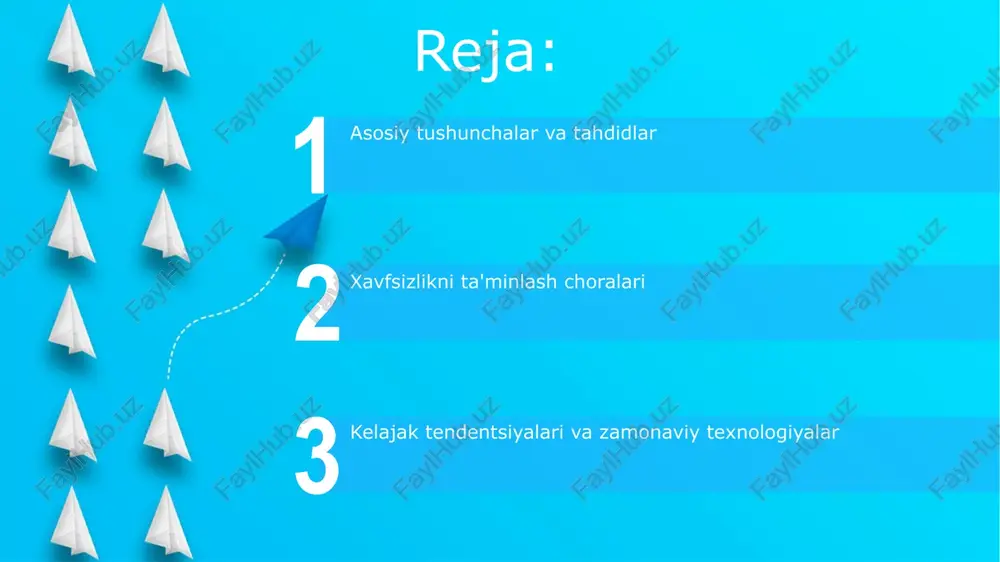 ri: bulut, mobil va ijtimoiy muhandislik bulut xavfsizligidagi asosiy muammo - bu ma'lumotlarni yo'qotish xavfi. 2023-yilgi hisobotga ko'ra, bulutdagi ma'lumotlarning 45% dan ortig'i noto'g'ri konfiguratsiya tufayli yo'qolgan. mobil xavfsizlikda ko'pincha e'tiborga olinmaydigan xavf- bu xodimlarning shaxsiy qurilmalaridan foydalanish (byod). gartnerning prognoziga ko'ra, 2025-yilga kelib 70% tashkilot byod xavfsizligini ta'minlashga qiynaladi. incidentlarni boshqarish va tiklash rejalari start hodisalarni boshqarish 4 bosqichdan iborat: tayyorgarlik, aniqlash, tiyish va tiklash. har bir bosqich hodisaning ta'sirini kamaytirish uchun aniq protseduralar va rollarni o'z ichiga oladi. tiklash rejalari 3 asosiy elementga ega: biznesni tahlil qilish, tiklash strategiyalari va reja hujjatlari. maqsad - 12-24 soat ichida muhim funktsiyalarni tiklash va to'xtash vaqtini minimallashtirish. standartlar, qonunchilik va kelajak tendentsiyalari iso 27000 seriyasi axborot xavfsizligi boshqaruv tizimlarining standartlari bo'lib, 27001 sertifikati tizimni joriy etish va sertifikatlashtirish uchun muhim ahamiyatga ega. shaxsiy ma'lumotlarni himoya qilish to'g'risidagi qonunlar (gdpr kabi) shaxsiy ma'lumotlarni qayta ishlash va saqlashning huquqiy asoslarini belgilab beradi, qoidabuzarliklar …