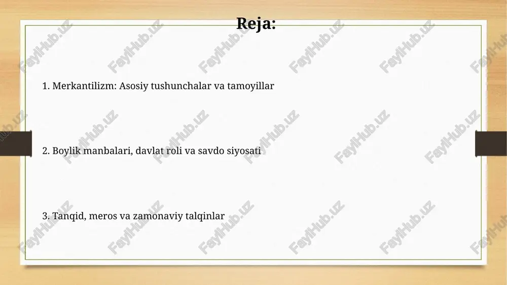 ozor sifatida ishlagan. tanqid va cheklovlar merkantilizmning tanqidi uning “nol yig'indi” savdo konsepsiyasida bo'lib, bir davlatning daromadi boshqasining yo'qotishiga olib keladi, bu esa 18-asrda adam smit tomonidan tanqid qilingan. cheklovlar orasida inflyatsiya xavfi bor edi, chunki ko'plab metallar pul massasining ortishiga olib kelishi mumkin, bu esa 16-17-asrlarda ispaniyada ko'rilgan narxlarning oshishiga olib keldi. ta'siri va merosi: tarixiy misollar angliyaning 1651-yildagi navigation qonunlari angliya savdo flotini himoya qilib, gollandiyaliklar ustidan ustunlikni ta'minladi va angliyaning jahon imperiyasining poydevorini yaratdi. fransiya proteksionizmi, ayniqsa kolbert davrida (1661-1683), mahalliy ishlab chiqarishni rivojlantirdi, lekin urushlarga olib keldi va iqtisodiy raqobatni kuchaytirdi. zamonaviy talqinlar neomerkantilizm ba'zan protektsionistik savdo siyosatida namoyon bo'ladi, bu erda milliy manfaatlar uchun tariflar va subsidiyalar 21-asrda qo'llaniladi. valyuta manipulyatsiyasi, eksportni rag'batlantirish uchun milliy valyutani sun'iy ravishda past baholash orqali, 2000-yillarda zamonaviy merkantilizmning bir shakli sifatida ko'riladi. e'tiboringiz uchun rahmat @taqdimot_robot image7.png image8.jpg image9.jpg image10.jpg image11.jpg image12.jpg image13.jpg image14.jpg image3.png image4.png