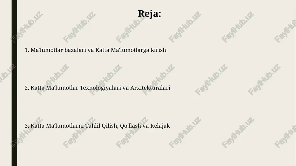 qiladi va gdpr kabi qonunlarga muvofiqligini ta'minlaydi. katta ma'lumotlarning amaliy qo'llanilishi sog'liqni saqlash sohasida katta ma'lumotlar bemorlarning ma'lumotlarini tahlil qilib, kasalliklarni 20% aniqroq tashxislash va davolash usullarini 30% samaraliroq qilishga yordam beradi. moliyaviy xizmatlarda katta ma'lumotlar firibgarlikni aniqlash uchun ishlatiladi, bu 40% firibgarlik holatlarini kamaytirishga va mijozlarga 15% yaxshiroq xizmat ko'rsatishga yordam beradi. kelajak tendentsiyalari va kasbiy imkoniyatlar kelajakda ma'lumotlar injiniringi sohasida 80% ga o'sish kuzatiladi, chunki tashkilotlar katta hajmdagi ma'lumotlarni samarali boshqarish uchun malakali mutaxassislarga muhtoj bo'ladi. 2025 yilga kelib, ma'lumotlar tahlilchilari uchun talab 65% ga oshadi, bu esa sun'iy intellekt va mashinali o'qitish algoritmlarini qo'llash orqali biznes qarorlarini qabul qilishni osonlashtiradi. e'tiboringiz uchun rahmat @taqdimot_robot image2.jpg image3.jpg image4.jpg image5.jpg image6.jpg image7.jpg