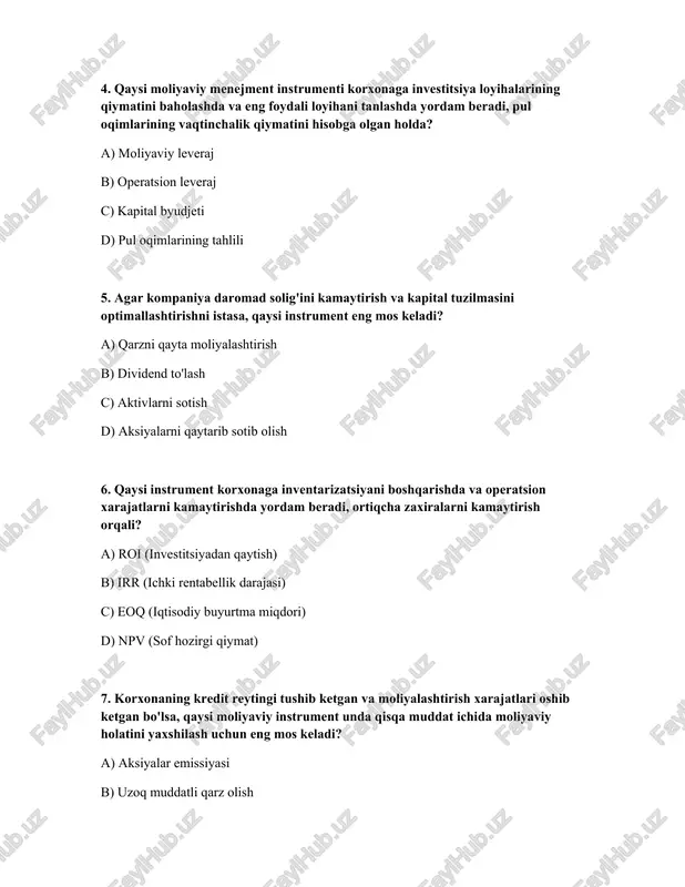qilinadigan obligatsiyalar 8. qaysi moliyaviy instrument aksiyadorlarga korxonaning kelajakdagi daromadlari va dividendlarida ishtirok etish huquqini beradi? a) veksel b) imtiyozli aktsiyalar c) obligatsiyalar d) oddiy aktsiyalar 9. moliyaviy menejmentda kapitalni baholash qanday maqsadga xizmat qiladi? a) investitsiya loyihalarini baholash mezonini aniqlash b) harajatlarni kamaytirish usullarini topish c) qisqa muddatli moliyalashtirishni ta'minlash d) dividendlarni to'lash uchun mablag'ni aniqlash 10. qaysi moliyaviy instrument korxonaga aktivlariga bo'lgan egalik huquqini saqlab qolgan holda, ularni pulga aylantirishga imkon beradi? a) qarz olish b) sek'yuritizatsiya c) faktoring d) lizing 11. agar korxona o'zining qarz yukini kamaytirish va moliyaviy mustaqilligini oshirishni xohlasa, qaysi strategiya eng mos keladi? a) aksiyalarni sotib olish b) qarzni aksiyaga almashtirish c) obligatsiyalarni chiqarish d) ko'proq qarz olish 12. qaysi moliyaviy instrument korxonaga o'zining xaridorlari tomonidan to'lanmagan hisob-kitoblarini tezda pulga aylantirishga imkon beradi, ammo foiz to'lash evaziga? a) obligatsiyalar emissiyasi b) aksiyalarni chiqarish c) lizing d) faktoring 13. qaysi moliyaviy instrument korxonaga kelajakda …