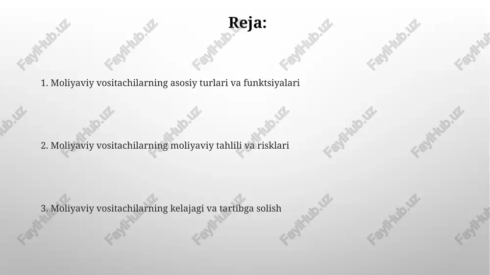 mallashtirish. tartibga solish shakllari orasida kapital talablari muhim ahamiyatga ega, bu banklar faoliyatini qo'llab-quvvatlash uchun yetarli kapitalga ega bo'lishini ta'minlaydi, odatda 8%dan 12%gacha. moliyaviy vositachilarning tuzilishi va ko'rsatkichlari moliyaviy vositachilarning aktivlari tarkibiga kreditlar, investitsiyalar, pul mablag'lari kiradi; majburiyatlar esa depozitlar va qarzlar hisoblanadi. kapital yetarli darajada aktivlarni qoplash uchun muhimdir. daromadlilik ko'rsatkichlari (roe, roa) foydani aktivlar va kapitalga nisbatan o'lchaydi, samaradorlik ko'rsatkichlari esa xarajatlarni daromadga nisbatan baholaydi, masalan, xarajat/daromad nisbati 60% dan kam bo'lishi maqsadga muvofiq. moliyaviy vositachilar duch keladigan xavflar kredit xavfi moliyaviy vositachilar duch keladigan asosiy xavfdir, bu qarz oluvchilar o'z majburiyatlarini, jumladan, asosiy summa va foiz to'lovlarini to'lay olmaslik ehtimolini anglatadi. likvidlik xavfi aktivlarni yo'qotishsiz yoki kichik yo'qotishlar bilan darhol naqd pulga aylantira olmaslik natijasida kelib chiqadi, bu vositachining qisqa muddatli majburiyatlarini bajarish qobiliyatiga ta'sir qilishi mumkin. moliyaviy vositachilarning kelajagi va tendentsiyalari texnologiya, xususan, fintechning rivojlanishi 2024-yildan boshlab moliyaviy xizmatlarni avtomatlashtirish, tranzaktsiyalarni soddalashtirish va operatsion xarajatlarni kamaytirish …