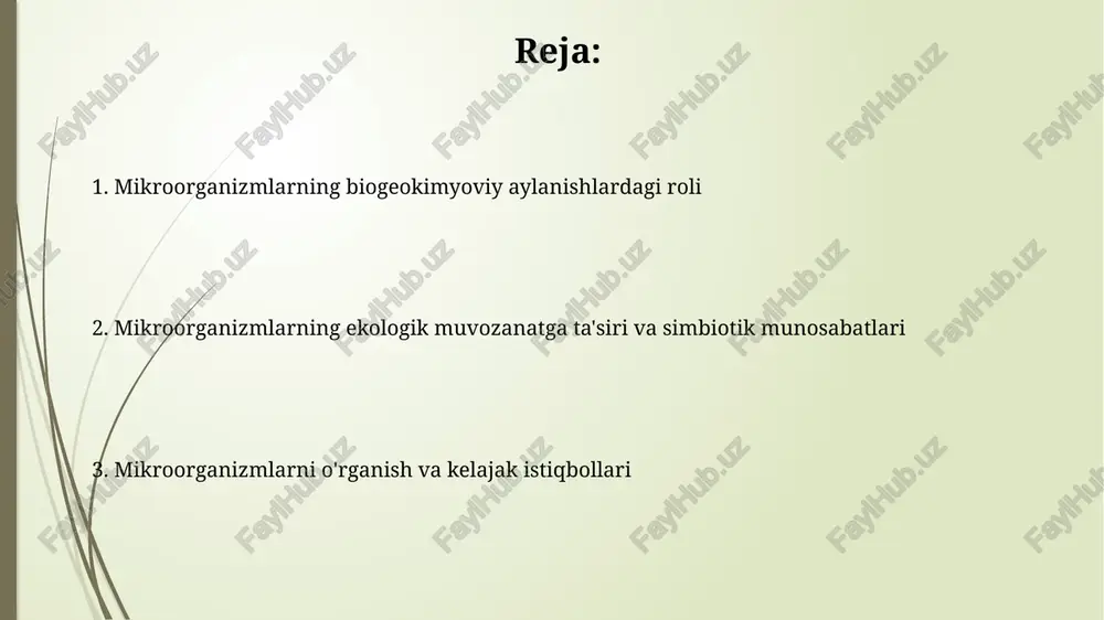 vqat zanjirining poydevorini tashkil qiladi. bioremediatsiya mikroorganizmlardan, masalan, pseudomonas va bacillus turlaridan neft to'kilishini yoki og'ir metallar bilan ifloslanishni tozalash uchun foydalanadi, bu atrof-muhitga kamroq zarar yetkazadi. mikroorganizmlar, kasalliklar va iqlim o'zgarishi iqlim o'zgarishi tufayli global haroratning 2-3 °c ga oshishi ba'zi yuqumli kasalliklarni keltirib chiqaruvchi mikroorganizmlarning tarqalishini tezlashtirishi mumkin. mikroorganizmlar (masalan, metanogenlar) issiqxona gazlari ishlab chiqarish orqali iqlim o'zgarishiga ta'sir qiladi, bu esa haroratning 0,5 °c ga ko'tarilishiga olib kelishi mumkin. ekologik muvozanatni o'rganish usullari va kelajak istiqbollari ekologik muvozanatni o'rganishda yuqori o'tkazuvchanlikdagi dnk ketma-ketligini aniqlash (masalan, 16s rrna) mikrobial xilma-xillikni baholashga yordam beradi va turlarning o'zaro ta'sirini aniqlaydi. barqaror izotoplar tahlili uglerod va azot kabi elementlarning biogeokimyoviy sikllar orqali o'tishini kuzatishga imkon beradi, o'zgarishlarni aniqlash uchun ko'p yillik ma'lumotlar kerak. e'tiboringiz uchun rahmat @taqdimot_robot image1.png image2.jpg image3.jpg image4.jpg image5.jpg image6.jpg image7.jpg
