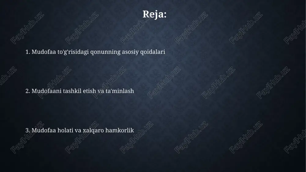 buriyatlari o'zbekiston respublikasi fuqarolari mudofaada qonuniy asoslarda ishtirok etish huquqiga ega va harbiy xizmatni o'tash yoki muqobil xizmatni tanlash imkoniyatiga egadirlar. fuqarolar mudofaa maqsadlari uchun davlat organlari tomonidan jalb etilgan transport vositalari va mulklarni qonuniy tartibda taqdim etish majburiyatiga ega bo'lib, kompensatsiya olish huquqi kafolatlanadi. mudofaa holati mudofaa holati o'zbekiston respublikasi prezidenti tomonidan 202-modda asosida, favqulodda vaziyatlarda konstitutsiyaviy tuzumni himoya qilish maqsadida joriy etiladi. mudofaa holati e'lon qilinganda, davlat organlari 111-sonli farmonga muvofiq, mudofaa vazifalarini bajarish uchun alohida vakolatlarga ega bo'ladi hamda cheklovlar o'rnatilishi mumkin. urush holati urush holati o‘zbekiston respublikasiga qarshi tajovuz sodir etilgan taqdirda yoki tajovuzning bevosita xavfi mavjud bo‘lganda oliy majlis tomonidan e’lon qilinadi va bu holat konstitutsiyaviy normalar bilan tartibga solinadi. urush holati e’lon qilinganidan so‘ng, o‘zbekiston respublikasi mudofaa vazirligi va boshqa vakolatli organlar harbiy harakatlarni olib borish, mamlakat mudofaa qobiliyatini mustahkamlash choralarini ko‘radi. mudofaa sohasidagi xalqaro hamkorlik mudofaa sohasidagi xalqaro hamkorlik davlatlararo shartnomalar asosida amalga …