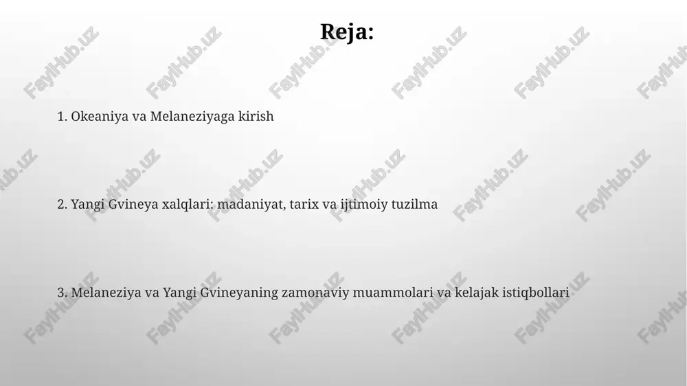 klan va urug'larga asoslangan. har bir guruh o'z hududiga va urf-odatlariga ega bo'lib, o'zaro munosabatlar murakkab tarmoqni hosil qilgan. zamonaviy muammolar va kelajak istiqbollari global isish darajasi 1,5 gradusdan oshishi bilan, dengiz sathining ko'tarilishi melaneziya orollari davlatlari uchun katta xavf tug'diradi, bu yerda qirg'oq bo'ylab yashovchi aholi ko'chirilishi mumkin. tabiiy resurslarni ekspluatatsiya qilish, masalan, rux va oltin qazib olish, papua-yangi gvineyada atrof-muhitga zarar yetkazishi va mahalliy aholi turmush tarziga salbiy ta'sir ko'rsatishi mumkin. e'tiboringiz uchun rahmat @taqdimot_robot image4.png image2.png image5.jpg image6.jpg image7.jpg image8.jpg image3.png