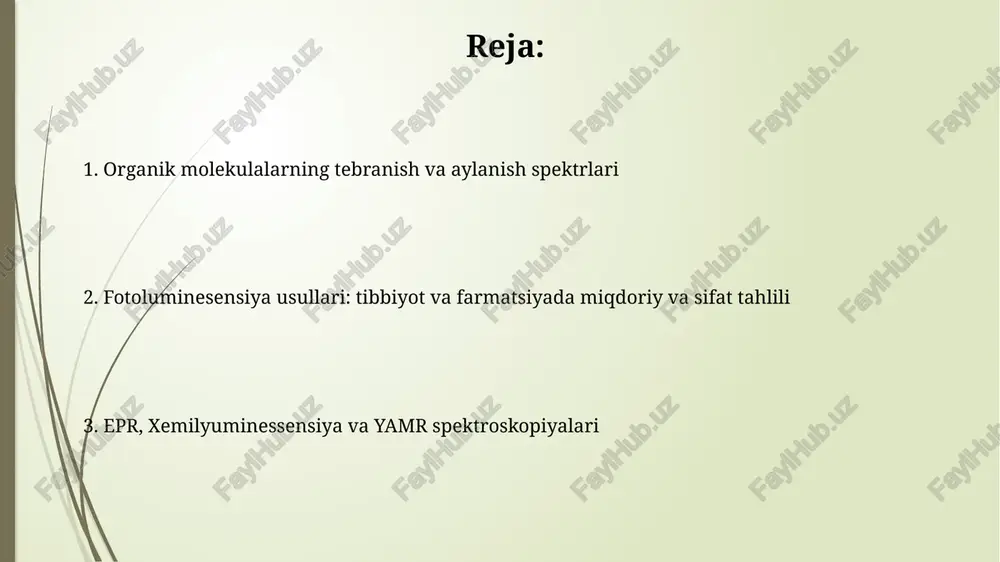 nish rejimlarining selektiv qoidalarini aniqlaydi, qaysi rejimlar infraqizil yoki raman spektroskopiyasida faol ekanligini bashorat qilib, spektrni talqin qilishni osonlashtiradi. aylanish spektrlarini tahlil qilish usullari aylanish spektrlarini tahlil qilishda inertsiya momentini aniqlash muhim, chunki u molekulaning shakli va o'lchamini aniqlashga yordam beradi. masalan, qattiq rotor modelida energiya darajalari j(j+1)b formula orqali bog'langan. aylanish doimiysi (b) spektroskopik ma'lumotlardan aniqlanadi, u molekula tuzilishi haqida ma'lumot beradi. b qiymati inertsiya momenti bilan teskari proportsional bo'lib, molekulaning aylanish tezligini belgilaydi. fotoluminessensiya: asosiy tushunchalar va turlari fotoluminessensiya – bu modda yorug'lik nurlanishini yutgandan so'ng fotonlar chiqarish jarayoni bo'lib, yutilgan energiya nurlanish ko'rinishida qayta chiqadi. bu jarayon taxminan 10^-9 sekund davom etadi. fluoressensiya – bu fotoluminessensiyaning bir turi bo'lib, unda elektron qo'zg'algan holatdan asosiy holatga qaytganda darhol yorug'lik chiqaradi. chiqarilgan yorug'likning to'lqin uzunligi yutilganidan kattaroq. fotoluminessensiya usullarining tibbiyotda qo'llanilishi fotoluminessensiya usullari saraton kasalligini tashxislashda, xususan, o'simta to'qimalarining autofluoresensiyasini o'lchash orqali, sezgirlikni 10-15% ga oshirish imkonini beradi. fotodinamik …