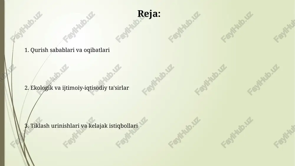 suvni tejash mumkin. amudaryo va sirdaryo havzalarida transchegaraviy suv resurslarini boshqarish bo'yicha mintaqaviy kelishuvlarga erishish 2025 yilga borib suv taqchilligini kamaytirishga yordam beradi. e'tiboringiz uchun rahmat @taqdimot_robot image2.jpg image3.jpg image4.jpg image5.jpg image6.jpg