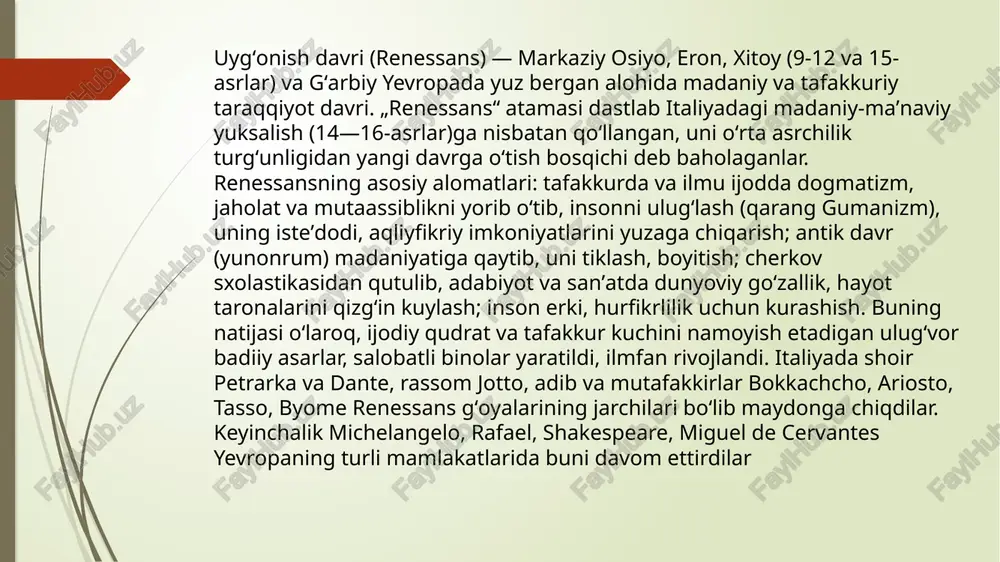 belgilari mujassam: joʻshqin ijodiy faoliyat, ulkan bunyodkorlik ishlarining amalga oshirilgani, aqlni hayratga soluvchi bemisl asarlarning yaratilgani shundan dalolat beradi. sharq uygʻonish davri ham ulugʻ allomalar, qomusiy bilim sohiblari, mashhur mutafakkirlarni yetishtirdi. aniq fanlar sohasida muhammad al-xorazmiy, abu bakr roziy, abu rayhon beruniy, ahmad al-fargʻoniy, umar xayyom, mirzo ulugʻbek jahonshumul kashfiyotlar qildilar. abu nasr forobiy, abu ali ibn sino, ibn rushd, muhammad gʻazoliy, nasafiy aziziddinlarning falsafiy asarlari tafakkur xazinasini boyitdi, olam, odam va jamiyat yaxlitlikda tadqiq etilib, yangi qonuniyatlar ochildi, aqliy bilim ufqlari kengaydi, fozil jamiyat va komil inson nazariyasi chuqur ishlab chiqiddi. sheʼriyatda abu abdullo rudakiy, abulalo almaarriy, abulqosim firdavsiy, jaloliddin rumiy, hofiz sheroziy, nizomiy ganjavip, abdurahmon jomiy va alisher navoiy kabi daho ijodkorlar yetishib, oʻlmas asarlar yaratdilar, ishqmuhabbat, qahramonlik, ozodlik va ezgulikni kuyladilar. miniatyura rassomchiligida bir necha maktablar shakllandi, bunda kamoliddin behzod rasmlari yangi ijodiy yoʻnalishga asos soldi. uygʻonish davri ning yana bir belgisi xalq ruhini ifodalaydigan „ming bir …