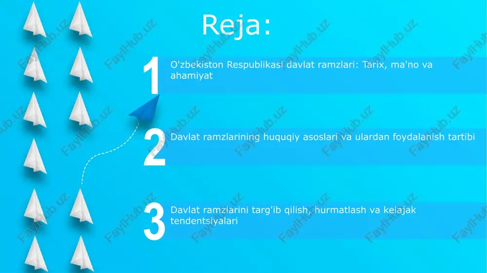 adi, bu esa davlatning kelajagini ta'minlaydi. davlat ramzlariga nisbatan javobgarlik o'zbekiston respublikasining davlat ramzlariga nisbatan hurmatsizlik qilish ma'muriy javobgarlik to'g'risidagi kodeksning 203-1 moddasiga muvofiq jarima solishga sabab bo'ladi. davlat bayrog'i yoki gerbini buzish jinoiy javobgarlikka olib kelishi mumkin, jinoyat kodeksining 215-moddasiga binoan uch yilgacha axloq tuzatish ishlari qo'llaniladi. xalqaro amaliyotda davlat ramzlari start ko'pgina davlatlar bayroqlari dizaynida milliy ranglar, tarixiy timsollar yoki siyosiy ideallarni ifodalovchi 2-3 ta asosiy ranglardan foydalanadi. ba'zi davlatlar gerblarida mahalliy hayvonlar, o'simliklar yoki geografik xususiyatlar aks etadi, bu esa davlatning o'ziga xosligini namoyish etadi. davlat ramzlarining kelajakdagi tendentsiyalari 2030 yilgacha bo'lgan davrda davlat ramzlarining vizual identifikatsiyasi strategiyasida yangi texnologiyalar va 3d modellashtirish orqali ularning interaktivligini oshirish tendensiyasi kuzatiladi. kelajakda davlat ramzlari tasvirlarining mobil ilovalarda integratsiyasi orqali yosh avlodning vatanparvarlik tuyg'ularini shakllantirish uchun 7/24 qulay imkoniyat yaratiladi. e'tiboringiz uchun rahmat @taqdimot_robot image6.jpg image7.jpg image8.jpg image9.jpg image10.jpg image11.jpg image12.jpg image1.jpeg image2.jpeg image3.jpeg image4.jpeg