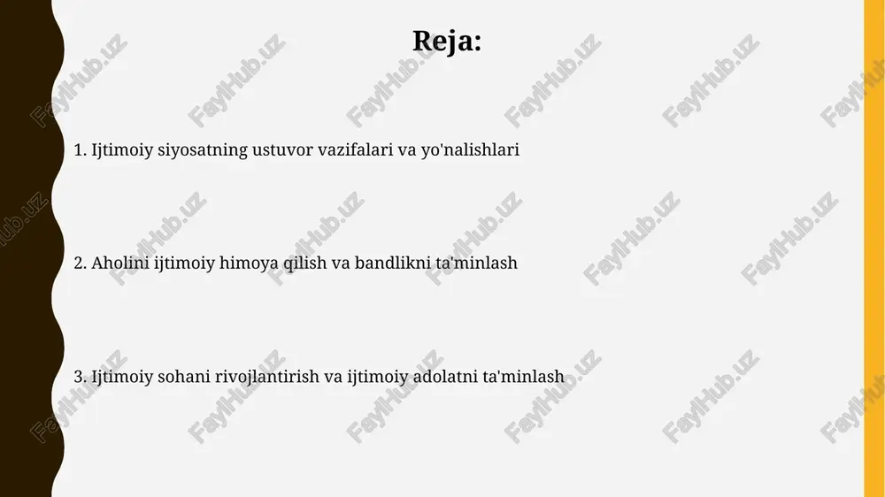 o'nalishlari bo'yicha chuqurlashtirilgan bilim beradi va xalqaro standartlarga javob beradi. sog'liqni saqlash tizimini takomillashtirish sog'liqni saqlash tizimini takomillashtirish 2026-yilgacha asosiy tibbiy xizmatlar sifatini oshirish, masalan, aholini dori-darmon bilan ta'minlash darajasini 80% ga yetkazishni nazarda tutadi. davlat-xususiy sheriklikni kengaytirish orqali sog'liqni saqlash sohasiga investitsiyalarni jalb qilish, shu jumladan diagnostika markazlari va zamonaviy klinikalar sonini 2 barobarga ko'paytirish rejalashtirilgan. pensiya ta'minoti va ijtimoiy sug'urta oʻzbekistonda pensiya taʼminoti uch bosqichli tizimga asoslangan: majburiy, kasbiy va ixtiyoriy. bu aholining turli qatlamlari uchun pensiya jamgʻarmalarini shakllantirish imkonini beradi. ijtimoiy sugʻurta oʻzbekistonda vaqtinchalik mehnatga layoqatsizlik, homiladorlik va tugʻish kabi holatlarda moddiy yordam berish orqali ishchilarning ijtimoiy himoyasini taʼminlaydi. kam ta'minlangan oilalarni qo'llab-quvvatlash kam ta'minlangan oilalarga ijtimoiy nafaqalar to'lash tizimi mavjud bo'lib, uning doirasida har bir oila a'zosiga minimal iste'mol xarajatlaridan kelib chiqib, pul mablag'lari ajratiladi. uy-joy kommunal xizmatlari to'lovlari bo'yicha imtiyozlar berish, shu jumladan, elektr energiyasi, gaz va suv ta'minoti uchun subsidiyalar ajratish orqali oilalarning iqtisodiy …