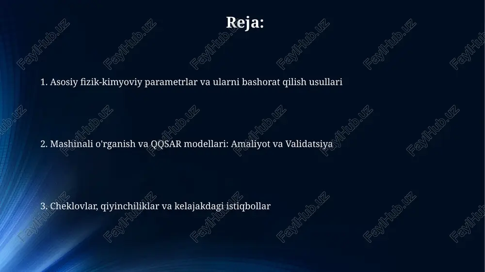 ) va metabolik barqarorlikni bashorat qilish maqsadli molekulalarni tezda aniqlashga yordam beradi, ishlab chiqish vaqtini taxminan 15-20% qisqartiradi. atrof-muhit toksikologiyasida, kimyoviy moddalarning suv organizmlari uchun toksikligini va bioakkumulyatsiyasini baholash atrof-muhit xavfini baholash va qonuniy chegaralarni belgilashda muhim rol o'ynaydi va xavflilik darajasini 30% aniqlik bilan baholaydi. cheklovlar va qiyinchiliklar ma'lumotlar to'plamlarining kamligi va sifati qqsar va mashinali o'rganish modellarining aniqligiga ta'sir qiladi, ayniqsa 3d tuzilmalari haqida ma'lumotlar yetishmasa. murakkab molekulalar va o'zaro ta'sirlar uchun fizik-kimyoviy parametrlarni aniq bashorat qilish qiyin, chunki hisoblash usullari 100% ishonchli natija bermaydi. kelajakdagi istiqbollar qqsar va mashinaviy o'rganish modellari integratsiyasi yangi algoritmik yondashuvlarni yaratishga olib keladi, bu esa 1000+ parametrni aniqlik bilan bashorat qilish imkonini beradi. ma'lumotlar to'plamlari sifatini yaxshilash va miqdorini oshirish, jumladan, yuqori o'tkazuvchanlik skriningi orqali 10 million+ birikma uchun eksperimental ma'lumotlar yaratish prognozlarni yaxshilaydi. e'tiboringiz uchun rahmat @taqdimot_robot image6.jpg image7.jpg image8.jpg image9.jpg image10.jpg image11.jpg image12.jpg image4.jpeg