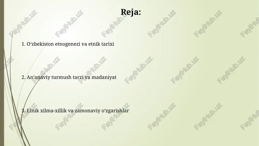 iga xos urf-odatlari va anʼanalariga ega, bu esa ijtimoiy munosabatlarning rang-barangligini taʼminlaydi. oʻzbekiston konstitutsiyasi barcha etnik guruhlarning huquqlarini kafolatlaydi, bu esa oʻzaro hurmat va bagʻrikenglikka asoslangan ijtimoiy munosabatlarni shakllantirishga yordam beradi. globalizatsiya va madaniy merosni saqlash globalizatsiya oʻzbek milliy kiyimlari va hunarmandchiligiga xorijiy taʼsirlarni olib keldi, bu esa anʼanaviy dizaynlarni saqlash uchun 2000-yillardan beri yangi usullarni talab qilmoqda. zamonaviy texnologiyalar tufayli 20 dan ortiq oʻzbek folklor namunalari raqamlashtirilib, internet orqali tarqatildi; bu madaniy merosni saqlashning global usulidir. e'tiboringiz uchun rahmat image2.jpg image3.jpg image4.jpg image5.jpg image6.jpg image7.jpg