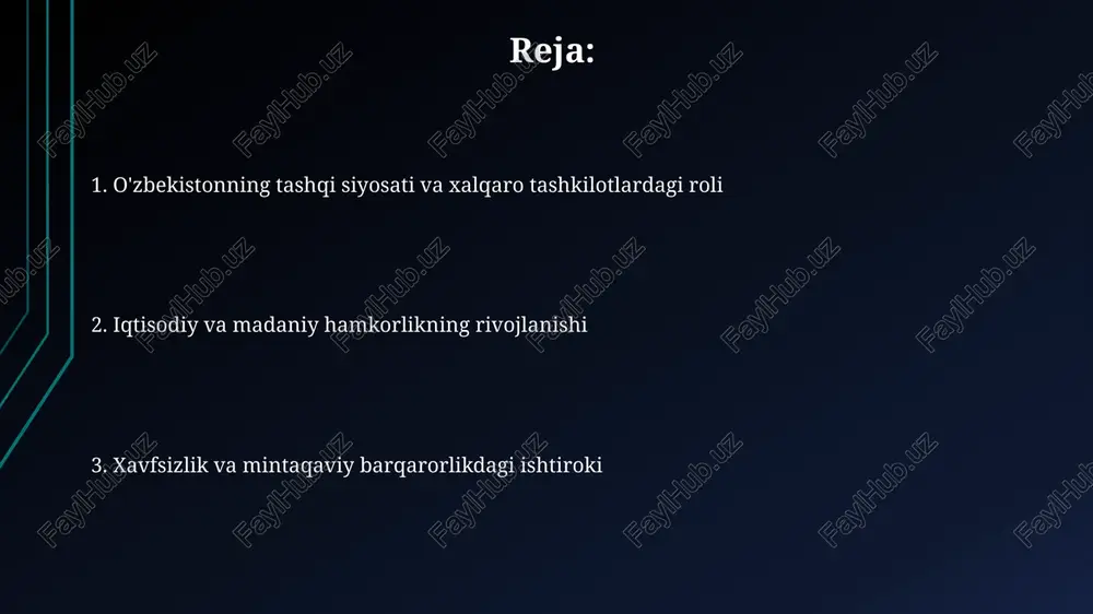 shkent xalqaro kino festivali kabi tadbirlar madaniy almashinuvni rivojlantiradi. xavfsizlik sohasidagi xalqaro hamkorlik oʻzbekiston mintaqaviy xavfsizlikni mustahkamlash uchun shanxay hamkorlik tashkiloti (shht) kabi tuzilmalarda faol ishtirok etib, terrorizm, ekstremizm va narkotik moddalar savdosiga qarshi kurashda hamkorlik qiladi. oʻzbekiston xalqaro xavfsizlik sohasida aqsh va nato bilan hamkorlikni rivojlantirib, afgʻonistondagi barqarorlikni taʼminlash va transmilliy tahdidlarga qarshi birgalikda harakat qilishga intiladi. markaziy osiyo mintaqasida o'zbekistonning roli o'zbekiston markaziy osiyoda transport yo'laklarini rivojlantirishda faol ishtirok etib, 760 km temir yo'llarni modernizatsiya qilish va yangi yo'llarni qurish orqali mintaqaviy savdoni oshirishga intilmoqda. o'zbekiston 2016 yildan boshlab qo'shni davlatlar bilan chegara masalalarini hal qilishda faollik ko'rsatib, 85% dan ortiq chegara chiziqlarini demarkatsiya qilish orqali barqarorlikni ta'minlashga hissa qo'shdi. o'zbekistonning ikki tomonlama munosabatlari o'zbekiston germaniya bilan mustahkam aloqalarga ega bo'lib, 2019-yilda ikki davlat o'rtasidagi tovar aylanmasi 750 million yevrodan oshdi, bu iqtisodiy hamkorlikning muhimligini ko'rsatadi. o'zbekiston va janubiy koreya o'rtasida strategik sherikchilik mavjud bo'lib, 2022-yilda koreya respublikasi …