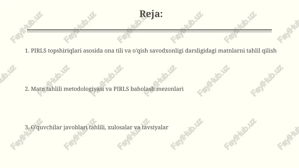 4 ta asosiy o'lchovni qamrab oladi, masalan, ma'lumotni olish (20%), xulosalar chiqarish (30%), talqin qilish (30%) va baholash (20%). darslikdagi pirlsga mos topshiriqlar o'quvchilarning 5-sinf darajasiga mos keladi, matnlarning murakkabligi esa 500-700 so'zdan oshmasligi lozim. o'quvchilar javoblari tahlili o'quvchilarning javoblari tahlili savollarning turlariga (ochiq, yopiq) bog'liq, ularning 70% to'g'ri javob berganini, 30% esa xato qilganini ko'rsatadi. tahlil shuni ko'rsatdiki, 65% o'quvchilarning javoblari matn mazmunini to'liq tushunganini, 35% esa matnning asosiy g'oyalarini anglashda qiynalganini namoyon etadi. xulosalar va tavsiyalar o'quvchilarning javoblarini tahlil qilish shuni ko'rsatdiki, 60% matnning asosiy g'oyasini tushunishda qiynalmoqda, shuning uchun mazmunni idrok etish metodikalarini kuchaytirish zarur. pirls baholash natijalariga ko'ra, darslikdagi topshiriqlarning 45% o'quvchilarning tanqidiy fikrlash qobiliyatini yetarlicha rivojlantirmaydi, bu esa yangi topshiriqlar kiritishni talab qiladi. e'tiboringiz uchun rahmat @taqdimot_robot image4.jpg image5.jpg image6.jpg image7.jpg image8.jpg image9.jpg image10.jpg