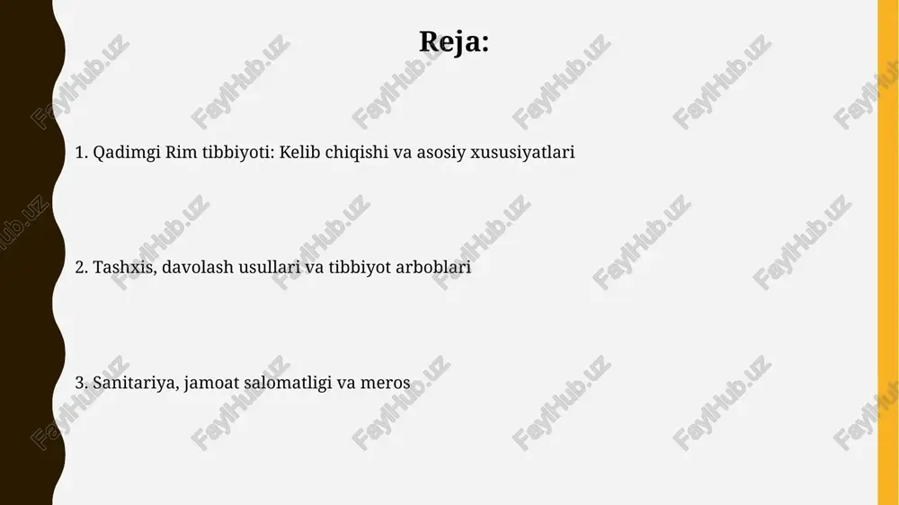 uyuqliklar muvozanatini tiklashga harakat qilgan. sanitariya, jamoat salomatligi va tibbiyot etikasi rimliklar kanalizatsiya va akveduklar qurish orqali jamoat salomatligini yaxshilashga qaratilgan. ular kanalizatsiya orqali chiqindi suvlarini olib tashlashdi va akveduklar orqali toza suvni shaharlarga yetkazib berishdi. tib qonunlarida shifokorlar bemorlarga zarar yetkazmasliklari va bemorning roziligisiz tibbiy muolaja qilmasliklari belgilab qo‘yilgan edi. bu, ayniqsa, jarrohlik amaliyotlarida muhim edi. rim tibbiyotining merosi rim tibbiyotining merosi bizning tushunchamizga ta'sir ko'rsatdi, masalan, shifoxonalarni tashkil etish, tibbiy asbob-uskunalar ishlab chiqarish va sanitariya tizimlarini rivojlantirish, bu esa 2000 yildan ortiq vaqt davomida ahamiyatini saqlab kelmoqda. galenning anatomik va fiziologik izlanishlari 1500 yil davomida tibbiyotning asosiy yo'nalishini belgilab berdi, shuningdek, uning patologik tasnifi va dorilar haqidagi ko'plab yozuvlari ham hozirgi kungacha muhim ahamiyatga ega. e'tiboringiz uchun rahmat @taqdimot_robot image2.jpg image3.jpg image4.jpg image5.jpg image6.jpg image7.jpg