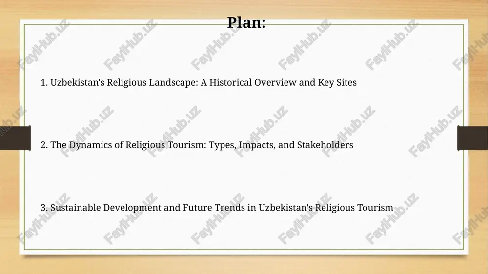 reation in hospitality, transportation, and souvenir sales. interaction with pilgrims promotes cross-cultural understanding, fostering tolerance and potentially challenging pre-existing stereotypes held by both tourists and local residents alike. infrastructure, accommodation, and local involvement significant investments are being made to upgrade transport infrastructure, including 5 airports and over 4,200 km of railways, facilitating access to remote pilgrimage sites. homestays are increasingly popular, providing tourists with immersive cultural experiences and generating income for local families, showcasing authentic uzbek hospitality. preservation, conservation, and government policies uzbekistan invests significantly in restoring unesco world heritage sites like samarkand, utilizing funds from the 2017-2021 national action strategy focused on cultural heritage. the government's decree no. up-6065 in 2020 facilitated simplified visa processes and improved tourist services, directly benefiting religious tourism sites and their accessibility. challenges and opportunities in religious tourism balancing the influx of religious tourists (projected 15% increase by 2025) with preserving the sanctity of …