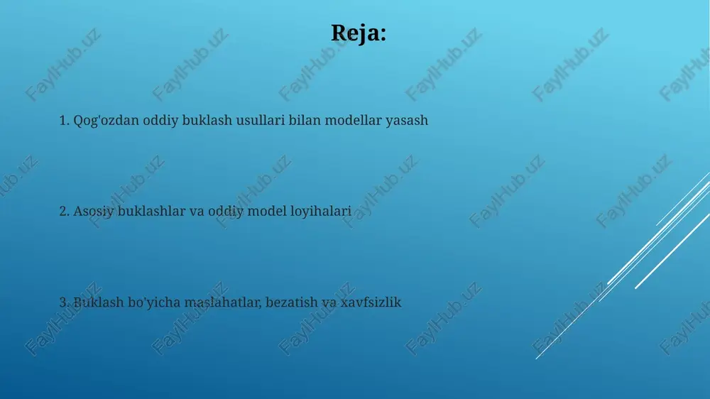 ikki yo'nalishda buring va 90 gradusda qulayroq bo'lganini hisobga oling. qog'ozni bezash va sozlash qog'ozni bezash uchun akril bo'yoqlar, markerlar va rangli qalamlardan foydalanishingiz mumkin, lekin 80 g/m² dan kam bo'lgan qog'ozlarda bo'yoq ishlatganda ehtiyot bo'ling, chunki u yirtilib ketishi mumkin. qog'oz modellarni sozlash uchun turli xil yopishtiruvchi moddalar, masalan, pva elimidan foydalanishingiz mumkin, lekin 30 daqiqa ichida quriydigan tez quriydigan elimlardan foydalanish tavsiya etiladi. xavfsizlik qoidalari qog'oz kesgichlardan yoki qaychilardan foydalanganda, ularni doimo o'zingizdan uzoqlashtiring va 45 gradusdan kam burchak ostida kesishdan saqlaning, shunda baxtsiz hodisalarning oldini olasiz. qog'oz kesishlarining oldini olish uchun, qog'ozning o'tkir qirralari bilan ehtiyot bo'ling. agar siz qog'oz bilan kesilib qolsangiz, jarohatlangan joyni darhol sovun va suv bilan yuving. ilhom uchun modellar galereyasi galereyada 50 dan ortiq origami modelini topishingiz mumkin, ular boshlang'ich darajadagi oddiy qushlardan tortib, biroz murakkabroq 3d hayvonlargacha mavjud. ko'rgazmada geometrik shakllar namoyish etilgan bo'lib, ularning aksariyati kvadrat qog'ozdan tayyorlangan va ularni …