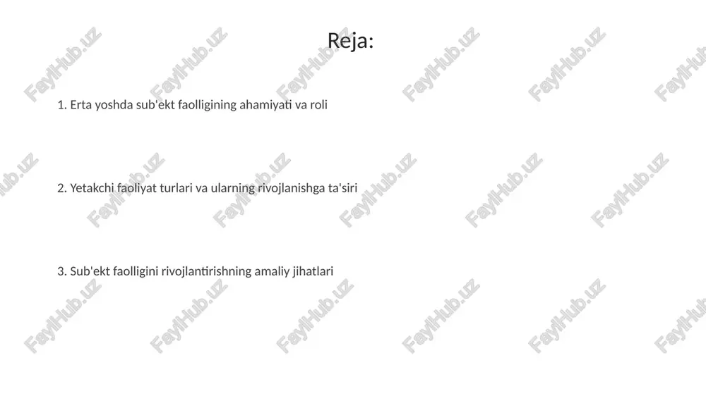 shning psixologik mexanizmlari ta'limda sub'ekt faolligi motivatsiya orqali kuchayadi, bunda 1-darajali ehtiyojlar qondirilib, 2-darajali qiziqishlar uyg'otilib, o'z-o'zini anglash jarayonlari rivojlantiriladi. tarbiya jarayonida 3 asosiy psixologik mexanizm: imitatsiya, identifikatsiya va ichkilashtirish orqali sub'ekt faolligi shakllanadi, bunda bolaning xulq-atvori namunalarga moslashadi. erta yosh davrida sub'ekt faolligini rivojlantirish bo'yicha tadqiqotlar va amaliy tavsiyalar tadqiqotlar 2-3 yoshli bolalarda mustaqil o'yinlar uchun sharoit yaratish shaxsiy faollikni oshirishi, kognitiv rivojlanishni 30% ga tezlashtirishi aniqlangan. amaliy tavsiyalarga ko'ra, 18 oylikdan boshlab bolalarga oddiy topshiriqlar berish (masalan, o'yinchoqlarni yig'ishtirish) faollikni 25% ga oshiradi. e'tiboringiz uchun rahmat @taqdimot_robot image5.jpg image6.jpg image7.jpg image8.jpg image9.jpg image10.jpg image1.jpeg image2.jpeg