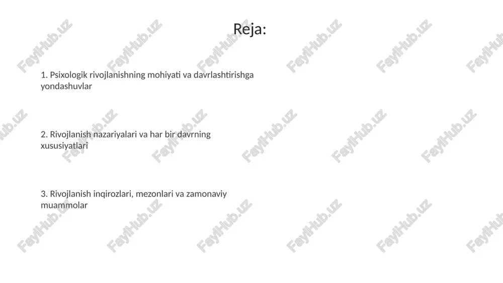 hni his qiladi yoki yo'q. maktabgacha yosh (3-6 yosh) davrida bolalarda tashabbuskorlik yoki aybdorlik kompleksi rivojlanadi. o'yin faoliyati orqali ular mustaqil harakat qilishni o'rganadilar. rivojlanishdagi inqirozlar rivojlanish inqirozlari - bu shaxsning 3 dan 7 oygacha bo'lgan davridagi o'zgarishlar bo'lib, u yangi ijtimoiy vaziyatlar va faoliyat turlariga o'tish bilan bog'liq keskin o'zgarishlar. inqirozlar, odatda, 1, 3, 7, 13 va 17 yoshlarda uchraydi, bu davrlarda shaxsning motivatsiya va ehtiyojlar tizimida sezilarli o'zgarishlar kuzatiladi, bu esa muammolarga olib kelishi mumkin. psixologik rivojlanish mezonlari psixologik rivojlanish mezoni sifatida moslashuvchanlik, ya'ni 3 yoshli bola uchun o'yin faoliyati, 15 yoshli o'smir uchun esa ijtimoiy munosabatlar muhim rol o'ynaydi. integratsiyalashuv mezoni shaxsning 7 yoshdan boshlab o'z xatti-harakatlarini tartibga solish qobiliyatini, 25 yoshda esa ijtimoiy hayotga to'liq qo'shilishini anglatadi. zamonaviy davrlashtirish muammolari va istiqbollari digital texnologiyalar va internet ta'siri ostida 'bolalik' va 'o'smirlik' davrlari chegaralari xiralashmoqda. onlayn identitet va ijtimoiy aloqalar rivojlanishning yangi bosqichlarini yaratmoqda. zamonaviy davrlashtirishda '25-35 …