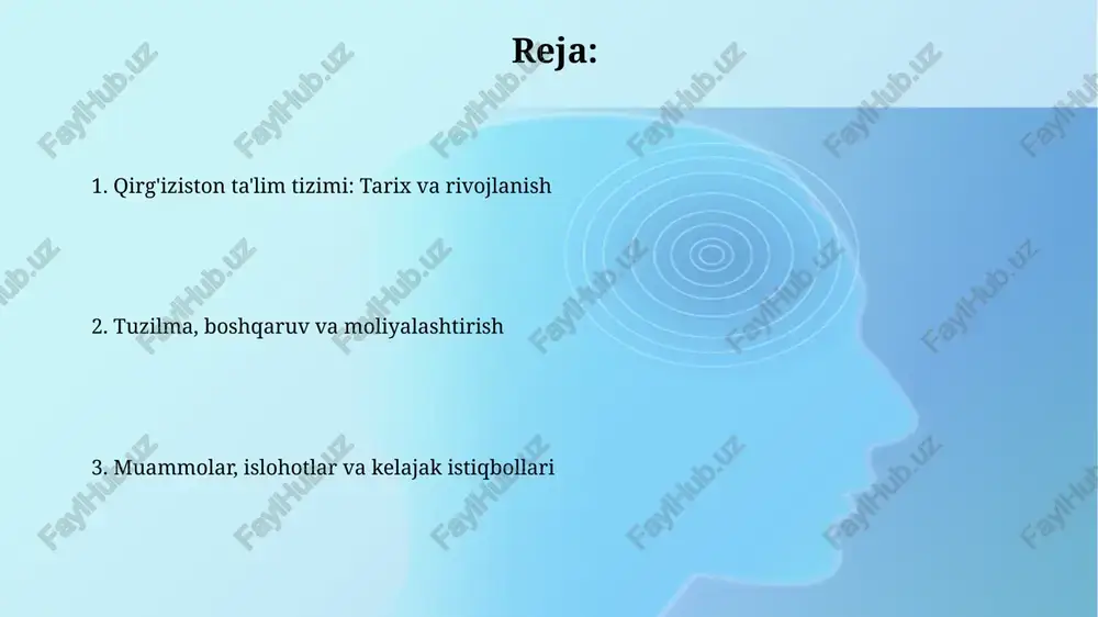 ladi. o'qituvchilar malakasini oshirish uchun har 5 yilda bir marta davlat tomonidan moliyalashtiriladigan kurslarda qatnashish majburiy, bu esa yangi metodikalarni o'zlashtirishga yordam beradi. moliyalashtirish, inklyuziv va xususiy ta'lim ta'limni moliyalashtirish asosan davlat byudjetidan amalga oshiriladi, lekin so'nggi yillarda xalqaro grantlar va donorlar hissasining ulushi 15% ga oshdi, bu esa rivojlanishga turtki beradi. inkluziv ta'lim bo'yicha 2020-yilda qabul qilingan qonun nogironligi bo'lgan bolalar uchun ta'lim muassasalarida 5% kvotani belgilab qo'ydi, ammo amalda ushbu ko'rsatkich 2.8% ni tashkil etadi. muammolar, islohotlar va kelajak istiqbollari ta'limdagi muammolardan biri bu moliyalashtirishning yetarli emasligi bo'lib, bu 60% maktablarning ta'mirtalabligiga va o'quv materiallarining yetishmasligiga olib keladi. 2024-yilga mo'ljallangan islohotlarda raqamli ta'limni rivojlantirish, o'qituvchilarning malakasini oshirish bo'yicha yangi dasturlar va inklyuziv ta'limni kengaytirish ko'zda tutilgan. e'tiboringiz uchun rahmat image3.jpg image4.jpg image5.jpg image6.jpg image7.jpg image8.jpg image9.jpg image1.png