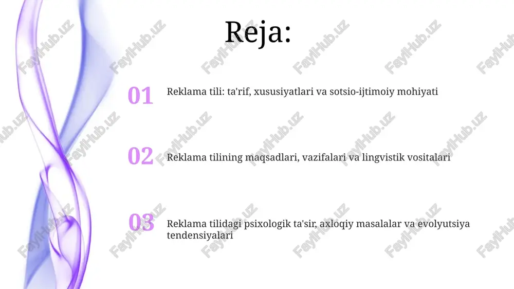 ama tilidagi lingvistik va psixologik vositalar takrorlash, ayniqsa sloganlarda, esda qolishni 30% gacha oshiradi; 'faqat coca-cola' kabi iboralar kognitiv osonlikni yaratadi va xaridor xotirasida saqlanib qoladi. reklama tilida metaforalar va o'xshatishlar keng qo'llaniladi; masalan, mahsulotni 'quyosh kabi yorqin' deb ta'riflash orqali 10% gacha psixologik ta'sir kuchaytiriladi. reklama matnlarining turlari va janrlari reklama matnlarining turlari 2 asosiy yo'nalishda: informatsion (mahsulot haqida faktlar) va transformatsion (hayot tarzini o'zgartirishga qaratilgan). ularning maqsadlari bir-biridan farq qiladi. reklama janrlari orasida 30 soniyali televizion roliklar, radio spotlar, bosma reklamalar (gazeta/jurnal), bannerlar va ijtimoiy tarmoqlardagi postlar mavjud. har biri o'ziga xos xususiyatlarga ega. reklama tilining evolyutsiyasi va tendensiyalari reklama tili 21-asrda shaxsiy yondashuvga qaratilgan, katta ma'lumotlar va ai tahlili asosida xaridorlarning ehtiyojlarini aniq qondirishga intiladi. raqamli reklamada, ayniqsa 2023-yildan boshlab, sun'iy intellekt generativligi, masalan, matn yaratish vositalari matnni avtomatlashtirish va optimallashtirishda keng qo'llanilmoqda. e'tiboringiz uchun rahmat image5.jpg image6.jpg image7.jpg image8.jpg image9.jpg image10.jpg image11.jpg image1.jpeg image2.jpeg image3.jpeg