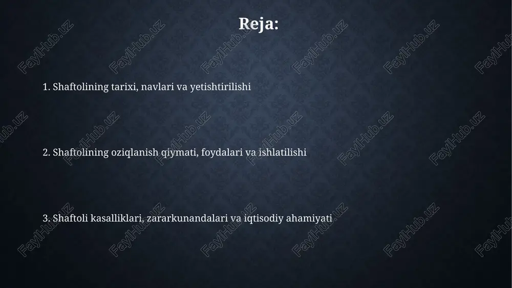 'llaniladi. shaftolining iqtisodiy ahamiyati va qayta ishlash shaftoli yetishtirishning iqtisodiy ahamiyati global bozorlarda $15 milliarddan ortiq daromad keltiradi, ayniqsa, xitoy kabi davlatlar eksport bo'yicha yetakchilik qiladi. shaftolini qayta ishlash, masalan, murabbo, sharbat va quritilgan mevalar ishlab chiqarish orqali qo'shimcha qiymat yaratilib, 20% daromadlilik oshishiga olib keladi. e'tiboringiz uchun rahmat image3.jpg image4.jpg image5.jpg image6.jpg image7.jpg