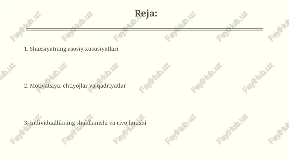 laydi, ikkilamchi xususiyatlar esa 20% holatlarda namoyon bo'ladi. ijtimoiy rollar va munosabatlar ijtimoiy rollar insonning jamiyatdagi vazifalarini belgilaydi, masalan, o'quvchi, ota-ona yoki xodim. har bir rol o'ziga xos huquq va majburiyatlar to'plamini o'z ichiga oladi. munosabatlar, masalan, do'stlik, oila yoki ish hamkorligi, insonlar o'rtasidagi o'zaro ta'sirning 3 asosiy turi: yaqin, ijtimoiy va antipatik munosabatlar orqali shakllanadi. qadriyatlar va e'tiqodlar qadriyatlar 1-darajali e'tiqodlar bilan bog'liq, shaxsning hayotiy tamoyillari va yo'nalishlarini belgilaydi; masalan, halollik, hurmat va adolat kabi axloqiy kodekslar. e'tiqodlar 2-darajali bo'lib, ma'lumot va tajribalar asosida shakllanadi hamda shaxsning dunyoqarashini belgilaydi. masalan, diniy e'tiqodlar yoki siyosiy qarashlar. hissiy dunyo hissiy dunyo xilma-xilligi 6 ta asosiy hissiyotni (baxt, qayg'u, g'azab, qo'rquv, hayrat, jirkanish) va ularning murakkab kombinatsiyalarini o'z ichiga oladi, bu esa nozik his-tuyg'ular rangini yaratadi. hissiy intellekt (ei) o'z hissiyotlarini va boshqalarning hissiyotlarini taniydigan, baholaydigan va boshqaradigan qobiliyatdir, bu shaxslararo munosabatlarga 90% ta'sir qiladi. kognitiv jarayonlar kognitiv jarayonlar, jumladan, diqqat, xotira …