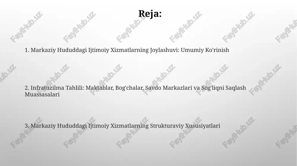 yurish imkoniyatini ta'minlaydi. maktablarning qamrovi demografik omillarga bog'liq, markazda har 1000 aholiga kamida bitta maktab bo'lishi kerak, bu esa bolalarning ta'lim olish imkoniyatini oshiradi va sinflar sonini optimallashtiradi. bog'chalarning joylashuvi va qamrovi bog'chalar odatda aholi zich joylashgan turar-joy massivlarida joylashgan bo'lib, 3-6 yoshdagi bolalarning qamrovi 75% dan ortiqni tashkil etadi, bu esa qulaylik va oson kirishni ta'minlaydi. shaharning markaziy tumanlarida bog'chalar soni kvadrat kilometrga o'rtacha 5-7 tani tashkil etadi, ammo ularning sig'imi mahalliy demografik talablarga mos ravishda o'zgarib turishi mumkin. savdo markazlarining joylashuvi va qamrovi savdo markazlarining joylashuvi ko'pincha aholi zichligi yuqori bo'lgan hududlarga to'g'ri keladi, masalan, 1 km radiusda 5000 dan ortiq aholi yashaydigan joylar. yirik savdo markazlari odatda 100 dan ortiq do'konlarni o'z ichiga oladi va ular 50 ming kvadrat metrdan ziyod maydonga ega bo'lib, keng qamrovli xizmatlar taklif etadi. sog'liqni saqlash ob'ektlarining joylashuvi va qamrovi shaharning markazida sog'liqni saqlash ob'ektlari, masalan, 2 ta katta shifoxona va 5 …