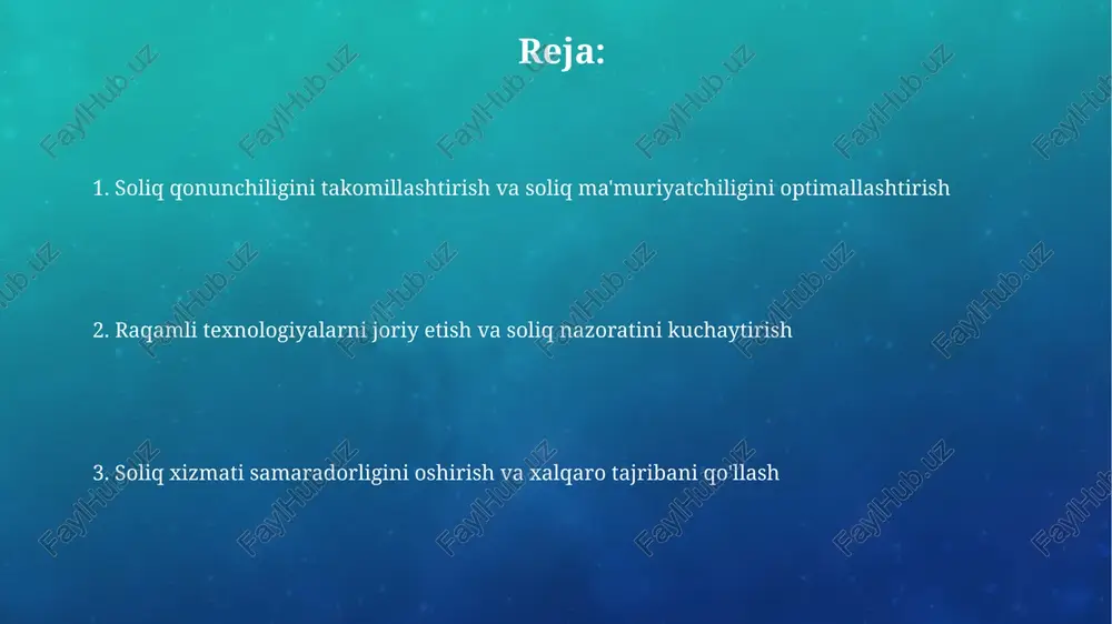 (qqs) to'lovlarining shaffofligini oshiradi. soliq yig'ish samaradorligini oshirish soliq yig'ish samaradorligini oshirish uchun xavfni boshqarish tizimini takomillashtirish zarur, bu esa kam xavfli soliq to'lovchilarga e'tiborni kamaytirish va yuqori xavfli to'lovchilarga resurslarni yo'naltirish imkonini beradi. elektron soliq xizmatlarini kengaytirish, masalan, onlayn deklaratsiya topshirish va to'lovlarni amalga oshirish, soliq to'lovchilarning vaqtini tejaydi va soliq ma'muriyatchiligining xarajatlarini kamaytiradi. soliq xizmati xodimlarining malakasini oshirish soliq xizmati xodimlarining malakasini oshirish 2024-yilda soliq kodeksiga kiritilgan o'zgartishlar bo'yicha chuqurlashtirilgan treninglarni o'z ichiga oladi, bu esa yangi qoidalarni to'g'ri qo'llashni ta'minlaydi. xodimlarning malakasini oshirish dasturlari xalqaro soliq standartlari, masalan, beps loyihasi bo'yicha 30 soatlik kurslarni o'z ichiga oladi, bu esa transchegaraviy operatsiyalarni tahlil qilish imkoniyatini beradi. soliq to'lovchilar uchun qulayliklar yaratish soliq to'lovchilar uchun qulayliklar yaratish deganda, 24/7 rejimda ishlaydigan elektron xizmatlarni joriy etish, soliq hisobotlarini onlayn topshirish imkoniyatini kengaytirish tushuniladi. soliq to'lovchilar uchun qulaylik - bu soliq masalalari bo'yicha bepul maslahat olish imkoniyatini yaratish, soliq qonunchiligidagi o'zgarishlar …
