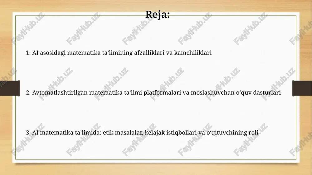 tuzadi va o'quvchilarning har bir javobiga 2 soniyada shaxsiy fikr bildiradi. oʻqituvchining roli va ai bilan oʻqitishning samaradorligini oʻlchash o'qituvchining roli ai bilan o'qitishda mentorlikka, 21-asr ko'nikmalarini rivojlantirishga o'tadi, mashinaning baholashidan so'ng shaxsiy ehtiyojlarni aniqlash va yordam berishga e'tibor qaratadi. ai bilan o'qitish samaradorligi natijalari, jumladan, test ballari, o'quv vaqti, ishtiyoqi va o'z-o'zini baholash kabilar bilan o'lchanadi, natijalar regressiya tahlili orqali aniqlanadi. etik masalalar, ijtimoiy taʼsir va kelajak istiqbollari ai orqali matematika ta’limida ma’lumotlarning maxfiyligi, algoritmlarning xolisligi va 24/7 texnik yordam kerak bo’ladi, shuningdek, 10 yildan so’ng bu texnologiyalar keng tarqalishi mumkin. ijtimoiy ta’sirga ko’ra, ai 70% ish joylarini avtomatlashtirishi mumkin, natijada odamlarda yangi ko'nikmalar bo’yicha 5 yil ichida qayta tayyorlash zarurati paydo bo’ladi. amaliy misollar, case studylar va xulosa amaliy misol: khan academy'ning ai vositalari, masalan, mashqlar moslashuvi algoritmlari, 75% gacha talabalar progressini tezlashtirishi mumkinligini ko'rsatdi. case study: k-12 matematikadagi adaptive learning dasturlari, masalan, aleks, individual o'quv tezligiga moslashib, …
