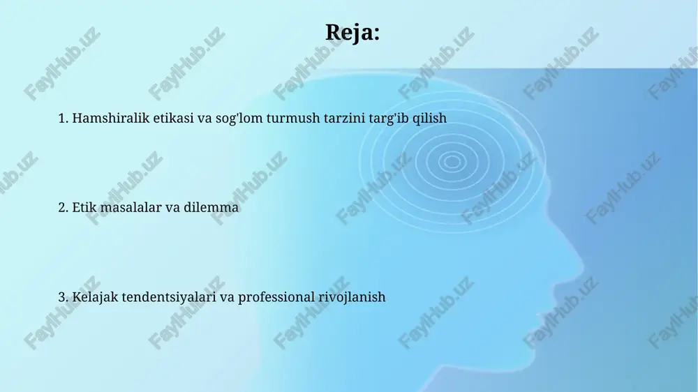 larni taqsimlashda sog'liqni saqlash tizimida tenglikni ta'minlashni nazarda tutadi, bunda har bir bemorga, iqtisodiy ahvolidan qat'i nazar, kerakli yordam ko'rsatilishi kerak. hamshiralar resurslarni taqsimlashda, masalan, birinchi navbatda o'ta og'ir ahvoldagi bemorlarga yordam berishda, adolat tamoyiliga asoslanib, eng muhtojlarga ustunlik berishlari kerak. manfaatdorlik va zarar keltirmaslik manfaatdorlik bemorning farovonligini maksimal darajada oshirishni talab qiladi, bunda sog'lom turmush tarzini targ'ib qilish orqali 90% hollarda kasalliklarning oldini olish ko'zda tutiladi. zarar keltirmaslik tamoyili har qanday aralashuv yoki maslahat 0.1% dan kam hollarda zarar keltirish xavfiga ega bo'lishini ta'minlashni talab qiladi, shu jumladan, psixologik zarar. professional chegaralar va madaniy sezgirlik professional chegaralar bemorlarga g'amxo'rlik qilishda maqsadga muvofiq munosabatlarni saqlashni anglatadi, bunda shaxsiy munosabatlar yoki moliyaviy manfaatlar aralashmasligi kerak. madaniy sezgirlik har bir bemorning noyob e'tiqodlari va qadriyatlarini tan olish, hurmat qilish va ularga mos ravishda moslashtirilgan g'amxo'rlik qilishni o'z ichiga oladi. sog'lom turmush tarzini targ'ib qilish bo'yicha ta'lim sog'lom turmush tarzini targ'ib qilish ta'limi …