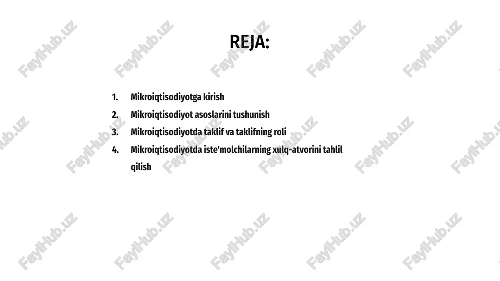 a mikroiqtisodiyot individual xatti-harakatlar va qaror qabul qilishga qaratilgan. mikroiqtisodiyotda iste'molchilarning xatti-harakatlarini tahlil qilish foydalilikni maksimal darajada oshirish uchun odamlar o'z resurslarini qanday taqsimlashini o'rganishni o'z ichiga oladi. 1 mikroiqtisodiyotning predmeti iste'molchilarning tanlovlari va xohishlariga ta'sir qiluvchi omillarni o'rganishni o'z ichiga oladi. iste'molchilarning xulq-atvorini tushunish korxonalarga narxlar, marketing va mahsulotni ishlab chiqish bo'yicha ongli qarorlar qabul qilishga yordam beradi. 3 mikroiqtisodiyotda iste'molchilarning xulq-atvorini o'rganib, iqtisodchilar nima uchun odamlar ma'lum tovarlar va xizmatlarni sotib olishlari, narxlarning o'zgarishiga qanday munosabatda bo'lishlari va reklamaning sotib olish qarorlariga ta'sirini tushuntirishlari mumkin. 2 ishlab chiqarish va xarajatlar iqtisodiyoti a mikroiqtisodiyot alohida uy xo'jaliklari, firmalar va tarmoqlarning xatti-harakatlarini tahlil qilishga qaratilgan. mikroiqtisodiyotning asosiy mavzularidan biri ishlab chiqarish va xarajatlar iqtisodiyotidir. b ishlab chiqarish jarayonlari va xarajatlarini tushunish korxonalar uchun narxlarni belgilash, ishlab chiqarish darajalari va resurslarni taqsimlash bo'yicha asosli qarorlar qabul qilishlari uchun zarurdir. c ishlab chiqarish funktsiyalari, xarajatlar egri chiziqlari va har xil turdagi xarajatlarni …