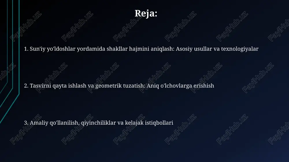 mikrongacha bo'lgan ko'rinadigan spektrda tasvirlarni buzadi, shuning uchun tasvirlarni aniqlashtirish uchun tarqalishni kamaytirishga qaratilgan usullar qo'llaniladi. atmosferaning yutilishi suv bug'i va karbonat angidrid tomonidan infraqizil diapazonlarda katta xatoliklarni keltirib chiqaradi. shuning uchun 10-12 mikron oynasida tasvirlar olinadi yoki tuzatish modellari qo'llaniladi. turli xil shakllarni aniqlash usullari turli shakllarni aniqlashda 2d tasvirlardan foydalanishda, hough transformatsiyasi to'g'ri chiziqlar, doiralar va ellipslarni aniqlash uchun ishlatiladi, bu esa 5-10 pikselgacha aniqlikni ta'minlaydi. kompyuter ko'rishda turli shakllarni aniqlash uchun aktiv kontur modellari (ilvoliy ilonlar) qo'llaniladi, bu usul 0.5 dan 2 pikselgacha aniqlikda shakl chegaralarini topishga yordam beradi. uch o'lchovli modellashtirish va balandlikni aniqlash uch o'lchovli modellashtirishda stereoskopik yondashuvlardan foydalaniladi, bu ikki yoki undan ortiq tasvirlardan balandlikni aniqlash uchun 2d tasvirlarni 3d formatga aylantirish imkonini beradi. fotogrammetriya 3d modellarini yaratish uchun fotosuratlardan o'lchovlarni olish usulidir, bunda 0.1 metrdan 10 metrgacha bo'lgan aniqlikdagi balandliklarni aniqlash mumkin. ob'ektlarni klassifikatsiya qilish va segmentatsiya qilish ob'ektlarni klassifikatsiya qilish sun'iy yo'ldosh …