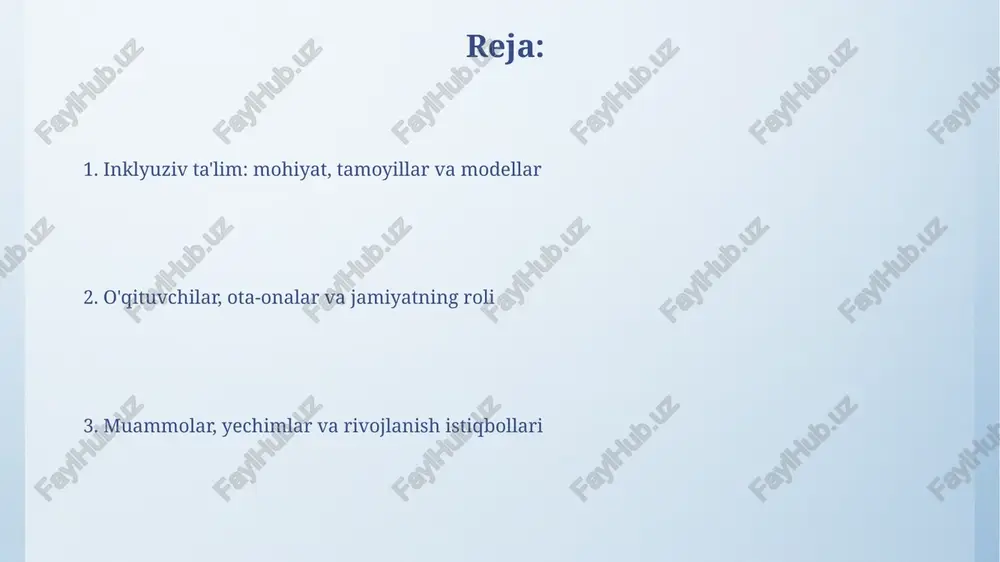 di – har bir o’quvchining, ayniqsa, imkoniyati cheklangan bolalarning 21-asr ko’nikmalarini egallashiga ko’maklashish va hayotga tayyorlashdir. inklyuziv ta'lim modellari va yondashuvlari to'liq inklyuziya modeli har bir o'quvchini umumiy sinfda o'qitishni nazarda tutadi. bu modelda bolaning 100 foiz vaqti umumiy ta'lim muhitida tengdoshlari bilan o'tadi. resurs xonalari yondashuvi o'quvchilarga qo'shimcha yordam berish uchun alohida sinflarni tashkil etadi. bu yerda o'quvchilarning 20-30 foiz vaqti maxsus o'qituvchilar bilan o'tkaziladi. inklyuziv ta'limda pedagogik texnologiyalar va metodlar differentsiatsiya o'qitishda har bir o'quvchining individual ehtiyojlarini hisobga olgan holda, topshiriqlarni soddalashtirish, qo'shimcha yordam berish va turli baholash usullarini qo'llash nazarda tutiladi. universal dizayn o'quv materiallari va muhitini barcha o'quvchilar uchun, shu jumladan nogironligi bo'lgan bolalar uchun ham qulay qilishga qaratilgan bo'lib, 7 ta prinsip asosida amalga oshiriladi. inklyuziv ta'limda o'qituvchining roli va tayyorgarligi o'qituvchi inklyuziv sinfda differentsial o'qitish strategiyalarini qo'llay olishi kerak, shu jumladan universal o'quv dizayni (udl) va individual ta'lim rejalari (itp) kabi 9 ta asosiy …