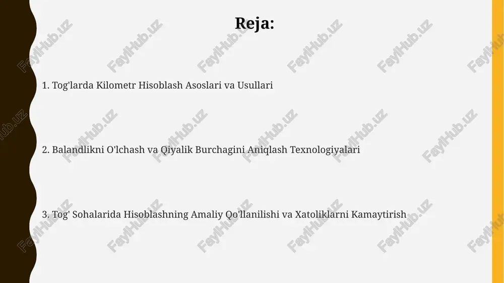 aridan foydalanib 3d pozitsiyalarni aniqlaydi, 10 mm aniqlikgacha. raqamli relyef modellari (dem) tog'larning balandlik ma'lumotlarini raqamli formatda ifodalaydi; gis dasturlari esa bu ma'lumotlarni tahlil qilish va vizuallashtirish uchun ishlatiladi, masalan, qiyalik burchagini hisoblash. qiyalik burchagini aniqlash va hisoblash algoritmlari qiyalik burchagini aniqlashda arctan (vertikal masofa / gorizontal masofa) formulasi qo'llaniladi. natija gradus yoki radianlarda ifodalanadi. 45 gradus qiyalik, 1:1 nisbatni anglatadi. gis dasturlarida dem (raqamli relyef modeli) ma'lumotlaridan foydalanib, har bir nuqtada qiyalik burchagi hisoblanadi. algoritm qo'shni nuqtalarning balandlik farqidan foydalanadi. sun'iy yo'ldosh ma'lumotlari va geodezik o'lchovlar asosida yuqori aniqlikdagi qiyalik burchagi aniqlanadi. gps koordinatalari va balandlik ma'lumotlari 0.1 gradus aniqlikda bo'lishi mumkin. hisoblashdagi xatoliklar va ularni kamaytirish atmosfera sharoitlari (harorat, bosim) gps signallariga ta'sir etadi. differensial gps (dgps) texnologiyasidan foydalanib, 5 metrdan kam xatolikka erishish mumkin. o'lchash asboblarining aniqlik darajasi xatoliklarga sabab bo'lishi mumkin; yaxshiroq aniqlikdagi asboblar (masalan, 1 mm aniqlikdagi lazerli masofa o'lchagichlar) bilan xatolikni kamaytiring. raqamli relyef …