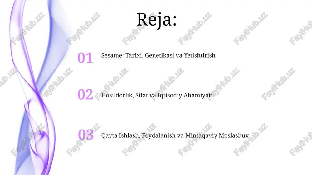 ndalari va ularga qarshi kurash sesame barg dog’lanishi (cercospora sesami) - keng tarqalgan kasallik bo'lib, mis o'z ichiga olgan fungisidlar, masalan, mis gidroksid bilan 7-10 kun oralig'ida purkash orqali nazorat qilinadi. sesame gall midges (asphondylia sesami) lichinkalari poyalarda gall hosil qiladi; zararkunandalarga qarshi kurash uchun hosilni ekishdan oldin 2-3 yil davomida almashlab ekish tavsiya etiladi. sesame urug’i qurtlari (antigastra catalaunalis) urug' qutilarida urug'larni yeydi; biologik nazorat vositalaridan, masalan, bacillus thuringiensis dan foydalanish populatsiyani kamaytirish uchun tavsiya etiladi. hosil sifati, miqdori va qayta ishlash sesame hosildorligini oshirish uchun urug'lik sepish zichligi va o'g'itlash rejimlariga e'tibor qaratish lozim, shu bilan birga har gektar uchun 0,8-1,2 tonna hosil olish maqsadga muvofiq. sesame hosilining sifati yog 'miqdori (45-60%) va yog' kislotasi tarkibi bilan belgilanadi, ayniqsa linoleik kislota, bu esa ovqatlanish qiymatini oshiradi. sesame urug'larini qayta ishlash yog' olish (presslash yoki ekstraksiya), kunjarani chorvachilik uchun yem sifatida ishlatish va tozalangan urug'larni oziq-ovqat sanoatida qo'llashni o'z …