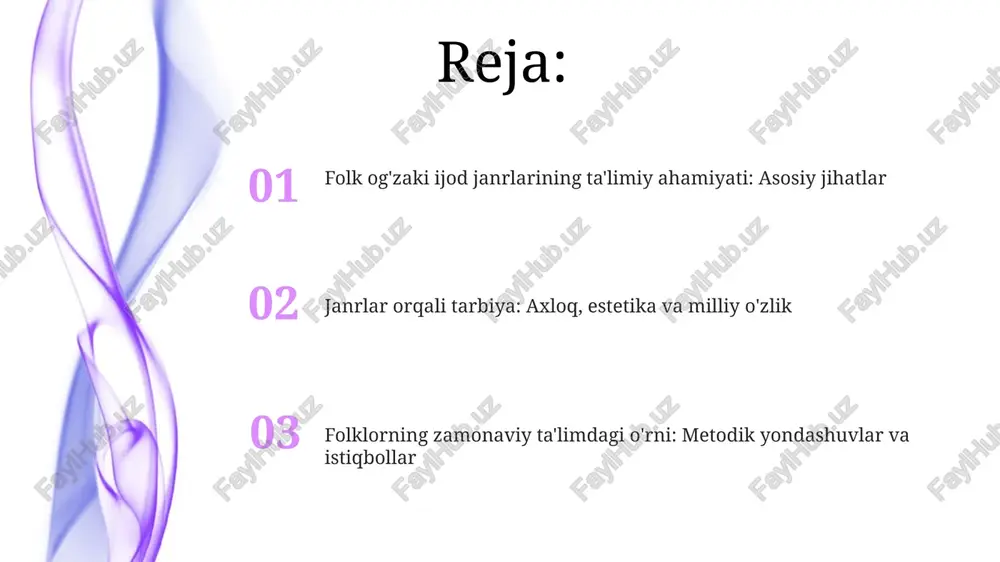 asalan, qo'shiqlarda 4/4 takt) tilning musiqiy xususiyatini oshiradi hamda estetik zavq bilan birga nutq madaniyatini shakllantiradi. ijodiy tafakkur va xotirani rivojlantirish topishmoqlar xotirani mustahkamlaydi, chunki javobni topish uchun o'tmishda o'rganilgan 3-5 ta faktlarni eslash va ularni tahlil qilish kerak bo'ladi. folklor janrlari, masalan, ertaklar, 5-7 yoshdagi bolalarda ijodiy tafakkurni rivojlantiradi, ular voqealarni tasavvur qilib, davomini o'ylab topishga undaydi. milliy o'zlikni anglash va avlodlar bog'liqligi folklor janrlari 9-12 yoshli o'quvchilarga o'z milliy tarixini tushunishga yordam beradi, ularga ajdodlarining urf-odatlari va qadriyatlari haqida ma'lumot beradi. ertaklar, dostonlar va maqollar kabi folklor janrlari orqali avlodlar o'rtasida uzluksizlik ta'minlanadi, bu esa madaniy merosning 100% saqlanishiga olib keladi. tarixiy va madaniy kontekst folklor janrlari o‘zbek xalqining qadimiy urf-odatlari, marosimlari, turmush tarzi va e'tiqodlari bilan chambarchas bog'liq bo'lib, ularning shakllanishi asrlar davomida davom etgan, miloddan avvalgi 1-ming yillikdan boshlangan. og'zaki ijod namunalari, masalan, dostonlar va ertaklar, o'rta osiyo xalqlari tarixi, ularning qo'shni madaniyatlar bilan o'zaro ta'siri, …