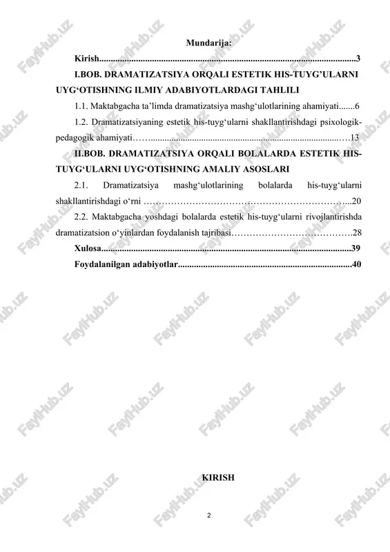 i.dramatizatsiya mashg‘ulotlari maktabgacha ta’lim tizimida bolalarning estetik his-tuyg‘ularini uyg‘otish, ularni badiiy obrazlar orqali his qilishga o‘rgatishning eng samarali vositalaridan biridir. dramatizatsiya jarayonida bola voqealarni nafaqat eshitadi yoki tomosha qiladi, balki ularning ishtirokchisiga aylanadi, obrazlar kechinmalarini o‘zida his etadi, ularni sahna harakatlari orqali ifoda etadi. bu esa bolalarda emotsional sezgirlik, badiiy did, ijodkorlik va o‘z fikrini ifoda etish ko‘nikmalarini rivojlantiradi. hozirgi kunda ta’lim tizimida har tomonlama rivojlangan, go‘zallikni his qila oladigan, badiiy-estetik dunyoqarashga ega shaxsni tarbiyalash ustuvor vazifa sifatida belgilanmoqda. shu nuqtayi nazardan, dramatizatsiya orqali estetik his-tuyg‘ularni uyg‘otish jarayonini ilmiy asosda o‘rganish va amaliyotda samarali qo‘llash bugungi kunda dolzarb masalalardan biridir. maktabgacha yoshdagi bolalarda estetik his-tuyg‘ularni shakllantirish ularning shaxsiy rivojlanishida muhim ahamiyat kasb etadi. estetik tarbiya bolaning go‘zallikni anglash, qadrlash, his qilish va uni hayotda namoyon eta olish qobiliyatini rivojlantiradi. shu jarayonda dramatizatsiya mashg‘ulotlari bolalarning emotsional dunyosini boyitish, ijodiy tafakkurini o‘stirish, nutq madaniyatini rivojlantirish hamda san’atga, badiiy obrazlarga qiziqishini kuchaytiruvchi samarali …