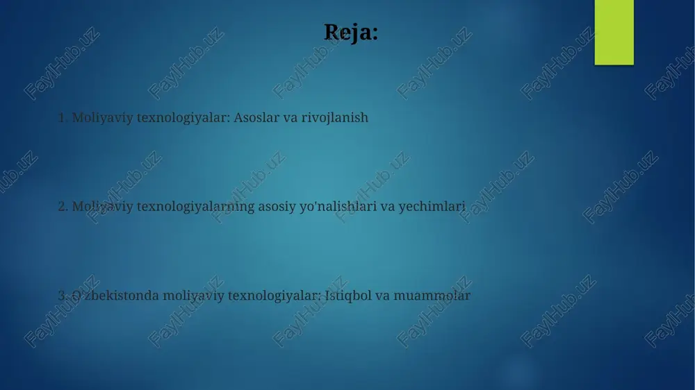 nlashtiradi. o'zbekistonda moliyaviy texnologiyalar asosan to'lov tizimlari sohasida rivojlanmoqda, 2023-yilda elektron to'lovlar hajmi 30% ga o'sdi, lekin kreditlash va investitsiya platformalari hali boshlang'ich bosqichda. mamlakatda moliyaviy texnologiyalarni rivojlantirish istiqbollari katta, chunki aholining 70% dan ortig'i mobil aloqa foydalanuvchilari hisoblanadi, bu raqamli moliyaviy xizmatlarga talabni oshiradi. e'tiboringiz uchun rahmat @taqdimot_robot image6.png image1.png image2.png image3.png image4.png