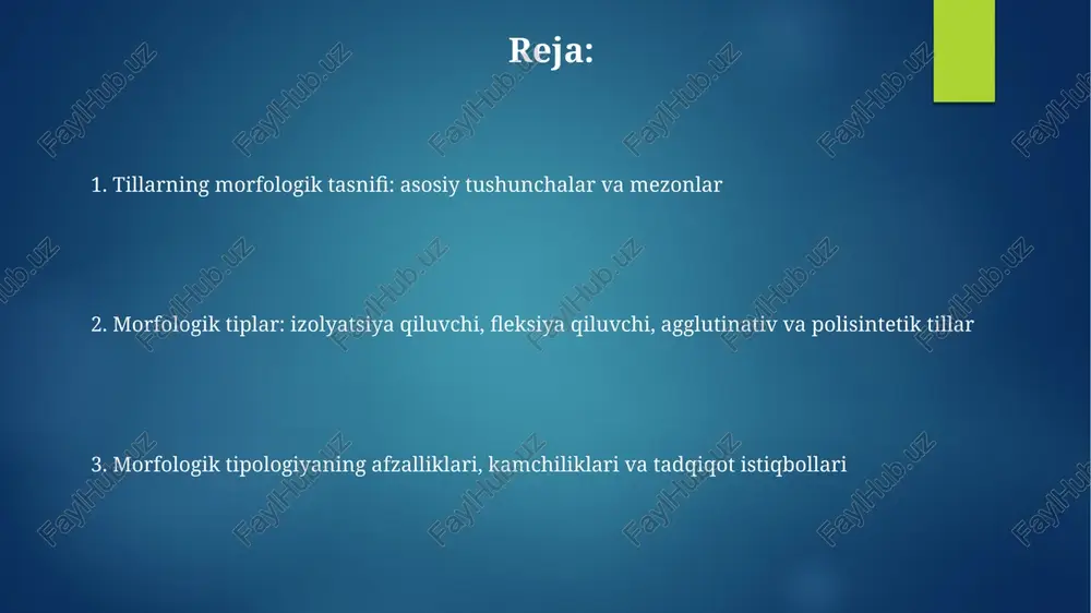ilishiga ta'sir qiladi, jumladan, so'z tartibi va kelishuv qoidalari (masalan, 3 ta kelishuv holati). morfologik tipologiyada tadqiqot istiqbollari morfologik tipologiya va sun'iy intellekt integratsiyasi orqali tillarning grammatik tuzilishini avtomatik tahlil qilishda 95% aniqlikka erishish imkoniyatlari o'rganilmoqda. morfologik tipologiyaning dialektologiya bilan integratsiyasi 700 ga yaqin dialektning morfologik xususiyatlarini aniqlash va klassifikatsiya qilishda yangi imkoniyatlar ochmoqda. e'tiboringiz uchun rahmat @taqdimot_robot image7.jpg image8.jpg image9.jpg image10.jpg image11.jpg image1.png image2.png image3.png image4.png