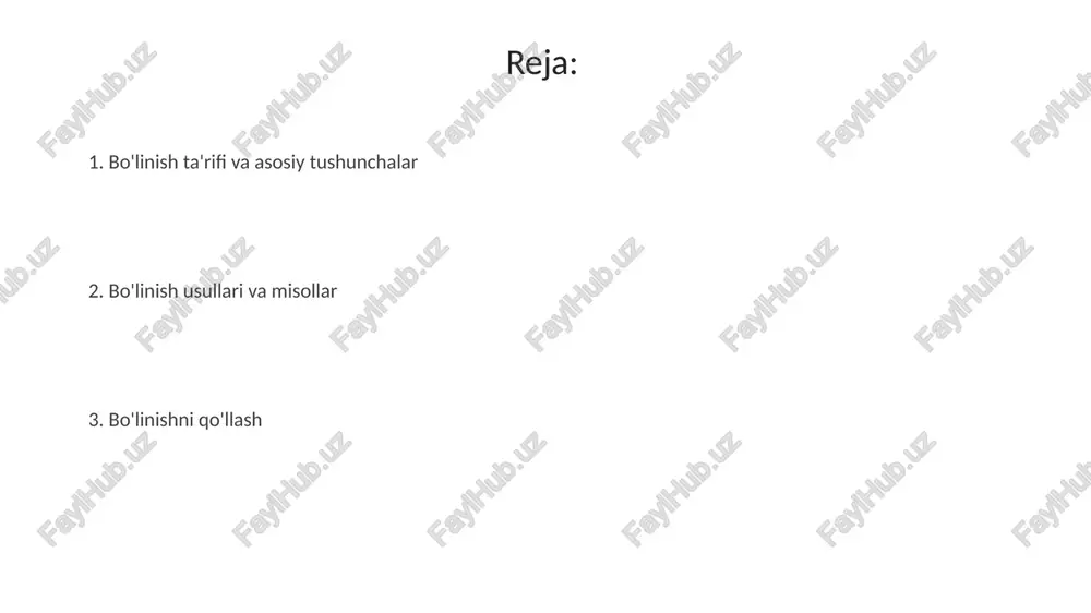 1 qoldiq beradi. geometrik shakllar to'plamini sinflarga bo'lishda, barcha uchburchaklarni burchaklariga ko'ra (o'tkir burchakli, o'tmas burchakli, to'g'ri burchakli) ajratish 3 ta sinfga bo'lishning bir misolidir. bo'linishni qo'llash bo'linishni qo'llashda ma'lumotlar tuzilmalari, masalan, hash jadvallarida, elementlarni 0 dan n-1 gacha bo'lgan sinflarga taqsimlash orqali qidiruv vaqtini o(1) ga yaqinlashtirish mumkin. algoritmlarda bo'linish, masalan, grafalarni komponentlarga bo'lish, murakkab masalalarni kichikroq, boshqarish oson bo'lgan n qismlarga ajratish orqali yechishga yordam beradi. bo'linish xossalari va hisoblash bo'linish yig'indisi har doim original to'plam elementlarining soniga teng bo'ladi; masalan, a to'plamning 3 ta bo'linishi bo'lsa, har bir bo'linishdagi elementlar yig'indisi a to'plam elementlariga teng. bo'linishlar sonini bell sonlari orqali hisoblash mumkin; bn soni n ta elementga ega to'plamni bo'linishlar sonini ko'rsatadi, b0=1, b1=1, b2=2, b3=5 va hokazo. maxsus bo'linish holatlari va amaliy misollar eng nozik bo'linish har bir elementni alohida sinfga joylashtiradi; misol uchun, {a, b, c} to'plami uchun eng nozik bo'linish {{a}, {b}, {c}} ko'rinishida …