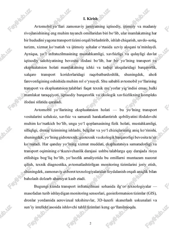lishiga bog‘liq bo‘lib, yo‘lsozlik amaliyotida bu omillarni muntazam nazorat qilish, texnik diagnostika, avtomatlashtirilgan monitoring tizimlarini joriy etish, shuningdek, zamonaviy axborot texnologiyalaridan foydalanish orqali aniqlik bilan baholash dolzarb ahamiyat kasb etadi. bugungi kunda transport infratuzilmasi sohasida ilg‘or texnologiyalar — masofadan turib ishlaydigan monitoring sensorlari, geoinformatsion tizimlar (gis), dronlar yordamida aerovizual tekshiruvlar, 3d-lazerli skanerlash uskunalari va sun’iy intellekt asosida ishlovchi tahlil tizimlari keng qo‘llanilmoqda. 3 bu esa yo‘llarning ekspluatatsion holatini real vaqt rejimida kuzatish, shikastlanish jarayonlarini erta aniqlash, ta’mirlashni oldindan rejalashtirish va texnik xizmat ko‘rsatishni optimallashtirish imkonini beradi. shu bilan birga, transport oqimini boshqarish, xavfsizlikni oshirish va ekologik barqarorlikni ta’minlash maqsadida “aqlli yo‘l” konsepsiyasiga asoslangan avtomatlashtirilgan tizimlar joriy etilmoqda. bunday tizimlar yordamida harakatlanish tezligi, yuklanish darajasi, harorat va namlik o‘zgarishlari, yo‘l sirti ishqalanish koeffitsienti kabi ko‘rsatkichlar doimiy kuzatuv ostida bo‘ladi. avtomobil yo‘llarining transport va ekspluatatsion talablari xalqaro standartlarga, xususan, iso, astm, aashto kabi tashkilotlar tomonidan ishlab chiqilgan texnik reglamentlarga asoslanadi. o‘zbekiston respublikasi …