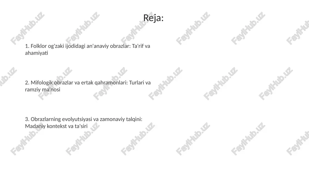 o'pincha 40 ta xasislik va ekspluatatsiya timsoli sifatida tasvirlanadi, kambag'allar esa 25 ta adolat va mehnatsevarlik timsoli hisoblanadi. yaxshilik va yomonlik timsollari ko'pincha 35 ta qahramonlarda aks etadi: yaxshi qahramonlar halollikni, yomon qahramonlar esa 28 ta xiyonat va zulmni ifodalaydi. obrazlarning evolyutsiyasi, mintaqaviy farqlari va madaniy konteksti obrazlarning evolyutsiyasi davomida 10-asrda paydo bo'lgan afsonaviy ajdarlar keyinchalik odamlashib, ijobiy qahramon sifatidagi ramziylik kasb eta boshlagan. mintaqaviy farqlar, masalan, surxondaryo ertaklarida tog' echkilari mo'jizaviy yordamchilar sifatida tasvirlansa, xorazmda esa ularning o'rni 7 xil qushlar egallaydi. obrazlarning zamonaviy talqini, saqlanishi va ta'siri afsonaviy qahramonlarning zamonaviy talqini ularni 21-asr muammolarini hal qiluvchi superqahramonlar sifatida ko'rsatadi, ularning qobiliyatlari texnologiya bilan uyg'unlashadi. zamonaviy talqinda 12 hayvon taqvimi obrazi ommaviy madaniyatda memlar va emojilar orqali hazilomuz va qiziqarli tarzda qayta tasvirlanadi. e'tiboringiz uchun rahmat @taqdimot_robot image5.jpg image6.jpg image7.jpg image8.jpg image9.jpg image10.jpg image11.jpg image1.jpeg image2.jpeg