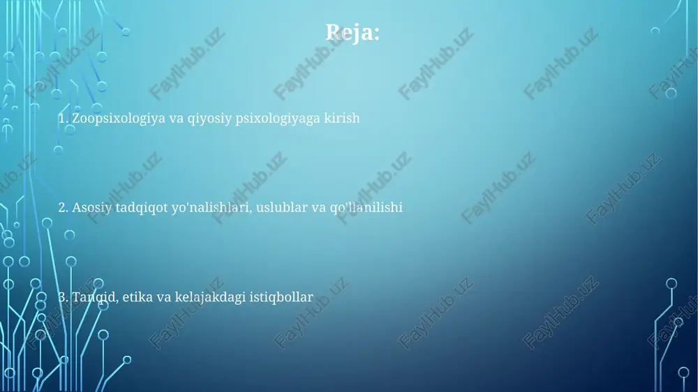n munosabatlari zoopsixologiya tadqiqotlarida 3r tamoyili (replacement, reduction, refinement) muhim: 1)hayvonlardan foydalanishni almashtirish, 2)hayvonlar sonini kamaytirish, 3)tajribalarni takomillashtirish orqali ularning azobini kamaytirish kerak. zoopsixologiyada inson-hayvon munosabatlarida hayvonlarning farovonligi birinchi o'rinda turishi kerak. zooparklarda hayvonlarga tabiiy muhitga yaqin sharoitlar yaratish va ularning xatti-harakatlarini kuzatish muhimdir. hayvonlarning kognitiv qobiliyatini o'rganish ularga nisbatan axloqiy munosabatni o'zgartirishi mumkin. masalan, delfinlarning yuqori intellekti ularni asirlikda saqlashga qarshi bahslarni kuchaytiradi. 20 dan ortiq o'rganishlar bor. zoopsixologiya va qiyosiy psixologiyaning amaliy qo'llanilishi o'qitishda qiyosiy psixologiya usullari, masalan, shartli reflekslar orqali hayvonlarga 30 dan ortiq murakkab buyruqlarni o'rgatish uchun, keng qo'llaniladi. hayvonot bog'larida zoopsixologiya hayvonlar farovonligini yaxshilash uchun ishlatiladi, 20 dan ortiq xatti-harakatlarni kuzatish orqali stressni kamaytirish strategiyalari qo'llaniladi. reabilitatsiyada, zoopsixologiya 15 xil hayvon turidagi ruhiy jarohatlarni davolash uchun, o'yin terapiyasi va ijobiy kuchaytirish usullaridan foydalanadi. tanqid va cheklovlar qiyosiy psixologiyaning 3-muammosi turli turlarni solishtirishda metodologik qiyinchiliklardir, chunki kognitiv qobiliyatlarni baholashda adolatli sinovlarni yaratish murakkab. antropomorfizm 1-xatosi hayvonlar …