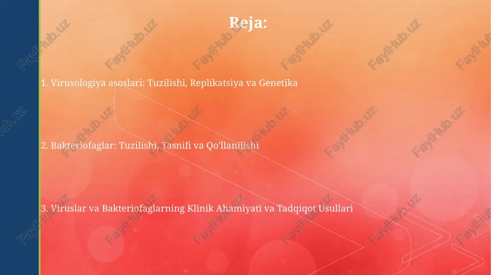 y siklining turli bosqichlarini nishonga oladi, masalan, kirishni bloklash, rnk replikatsiyasini inhibe qilish yoki virus oqsillarini yig‘ishni buzish. bakteriofaglar: tuzilishi, replikatsiyasi, tasnifi va qo'llanilishi bakteriofaglar tarkibiga ko'ra ikki xil bo'ladi: dnkli va rnkli. ularning tuzilishi kapsid (protein qobig'i) va genetik materialdan iborat, ayrimlarida esa dum va tolalar ham bo'lishi mumkin. faglarning replikatsiyasi lizin va lizogen sikllar orqali amalga oshiriladi. lizin siklida fag xujayrani yo'q qiladi, lizogen siklda esa fag genomi xujayra dnkiga integratsiyalanadi. virusologiya va bakteriofagiyaning zamonaviy tendentsiyalari va kelajak istiqbollari zamonaviy virusologiya genomni tahrirlash (masalan, crispr) orqali viruslarga qarshi yangi davolash usullarini ishlab chiqishga qaratilgan boʻlib, maqsadli virusli dnkni 99% aniqlik bilan yoʻq qilishdir. bakteriofaglarning kelajakdagi istiqbollari antibiotiklarga chidamli bakteriyalarga qarshi kurashda (taxminan 70% samarali) yangi terapevtik strategiyalarni yaratishga bog'liqdir. e'tiboringiz uchun rahmat @taqdimot_robot image4.png image5.jpg image6.jpg image7.jpg image8.jpg image9.jpg image10.jpg image1.png image2.png